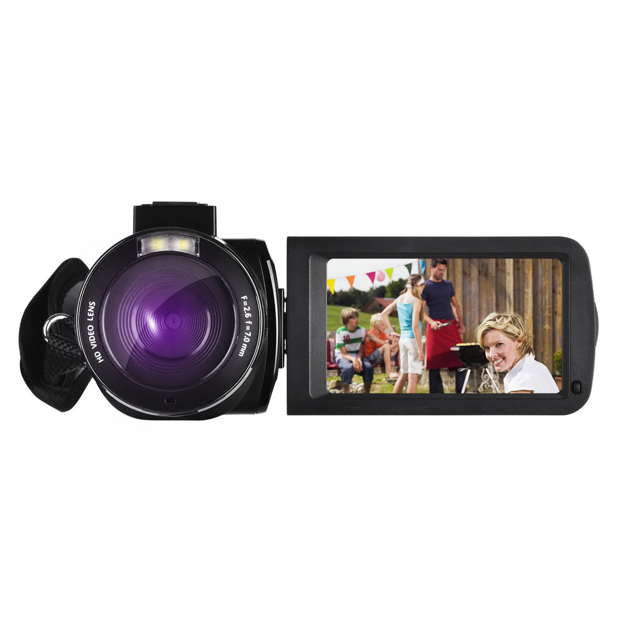 Ein Camcorder zeigt eine Familie beim Grillen auf seinem Bildschirm. Das Objektiv befindet sich links.
