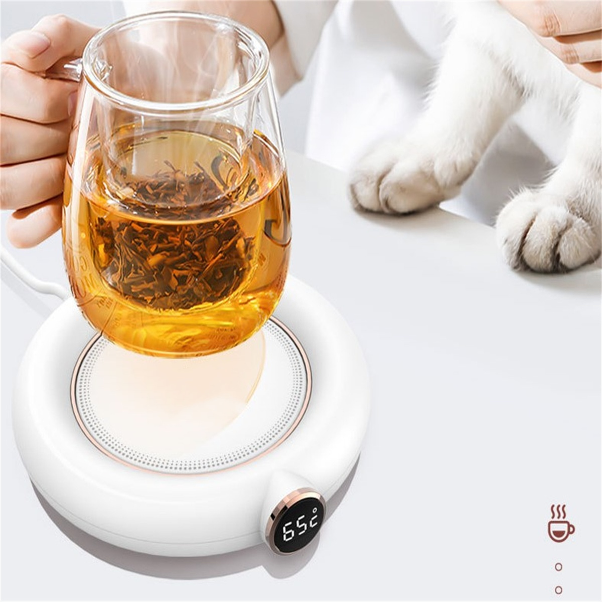Eine Glasteetasse mit Tee steht auf einem weißen Wärmer mit Temperaturanzeige. Eine Katze ist in der Nähe.