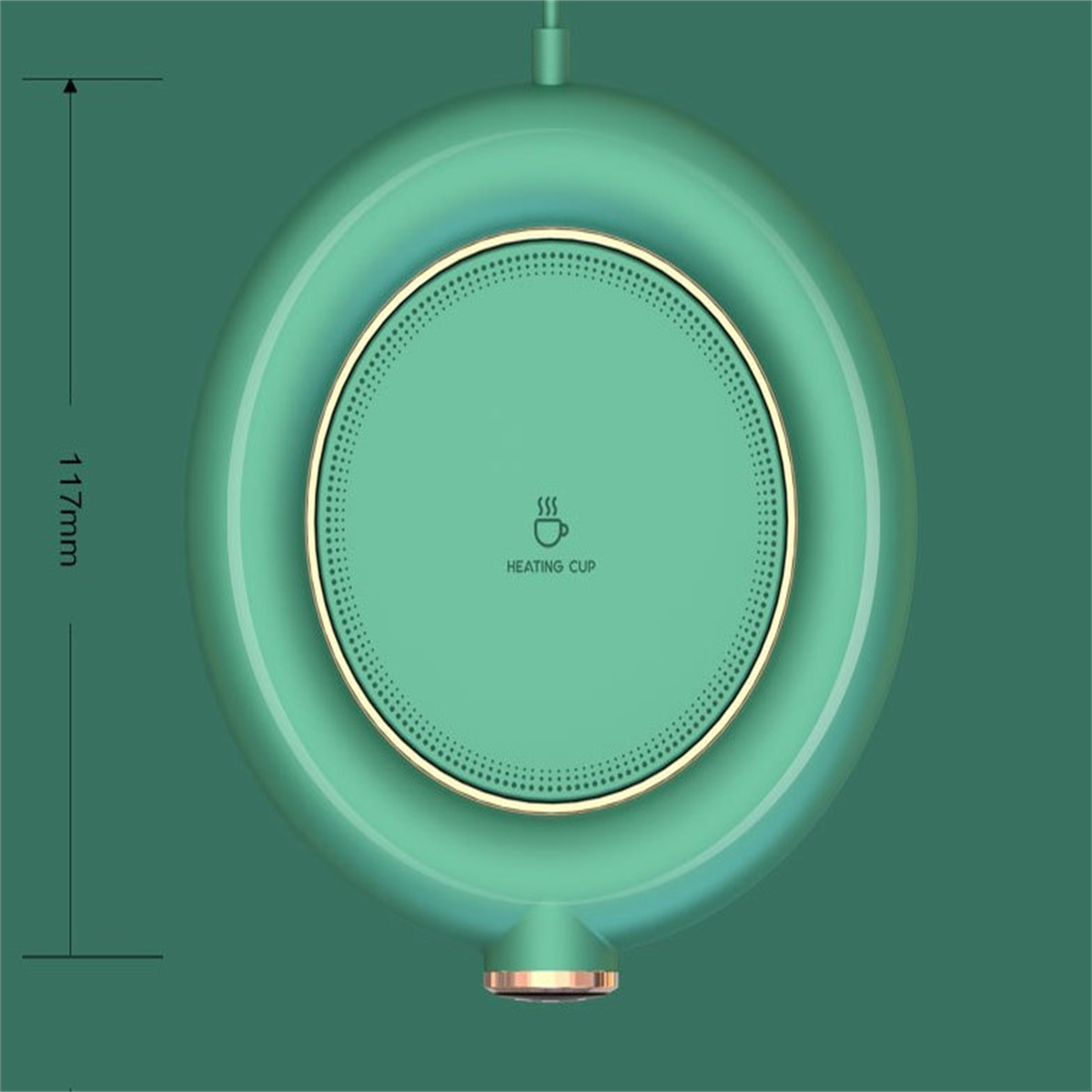 Türkisfarbener Becherwärmer mit Tassen-Symbol und Goldrand. Die Abmessungen sind 117 mm.