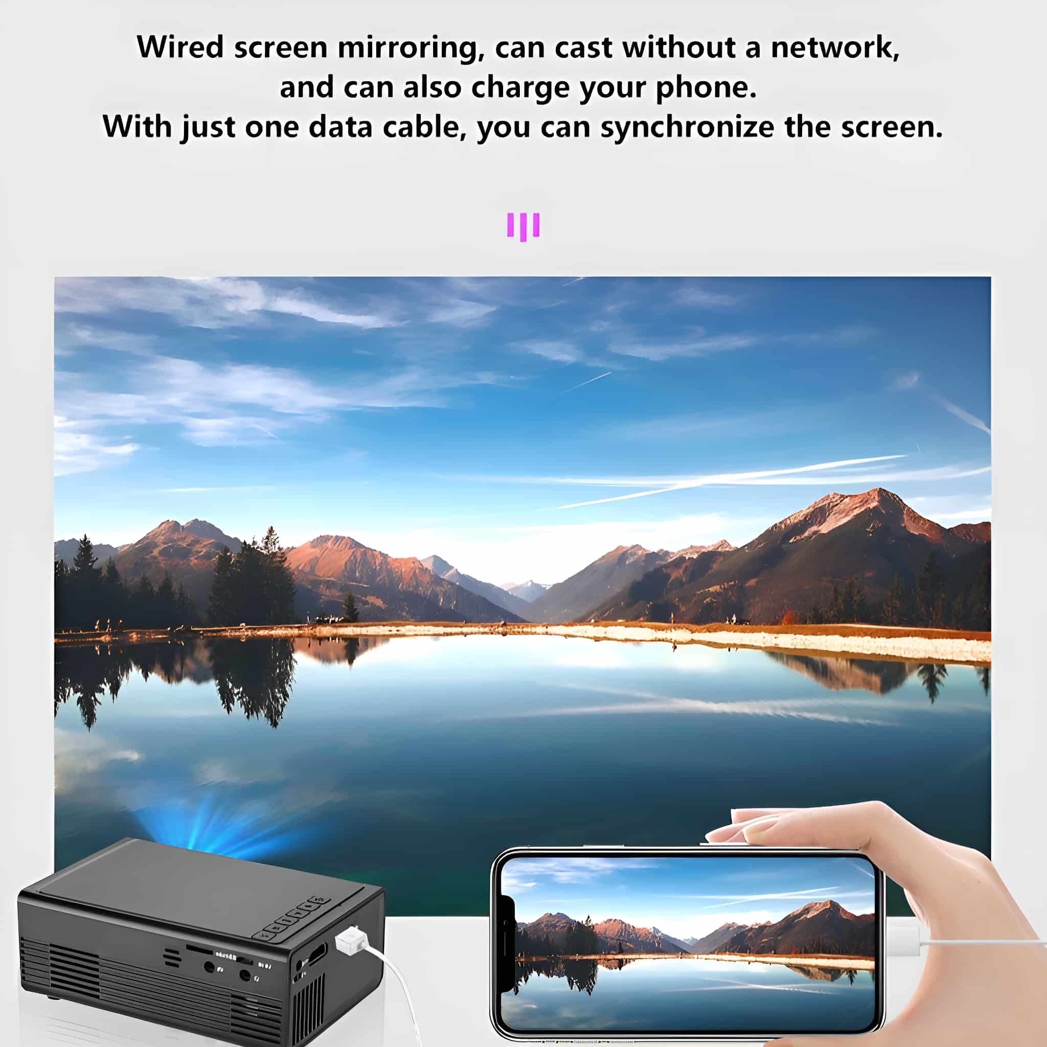 Ein Projektor, ein Telefon mit Landschaftsanzeige und ein malerischer Hintergrund mit Bergen und einem See sind sichtbar.