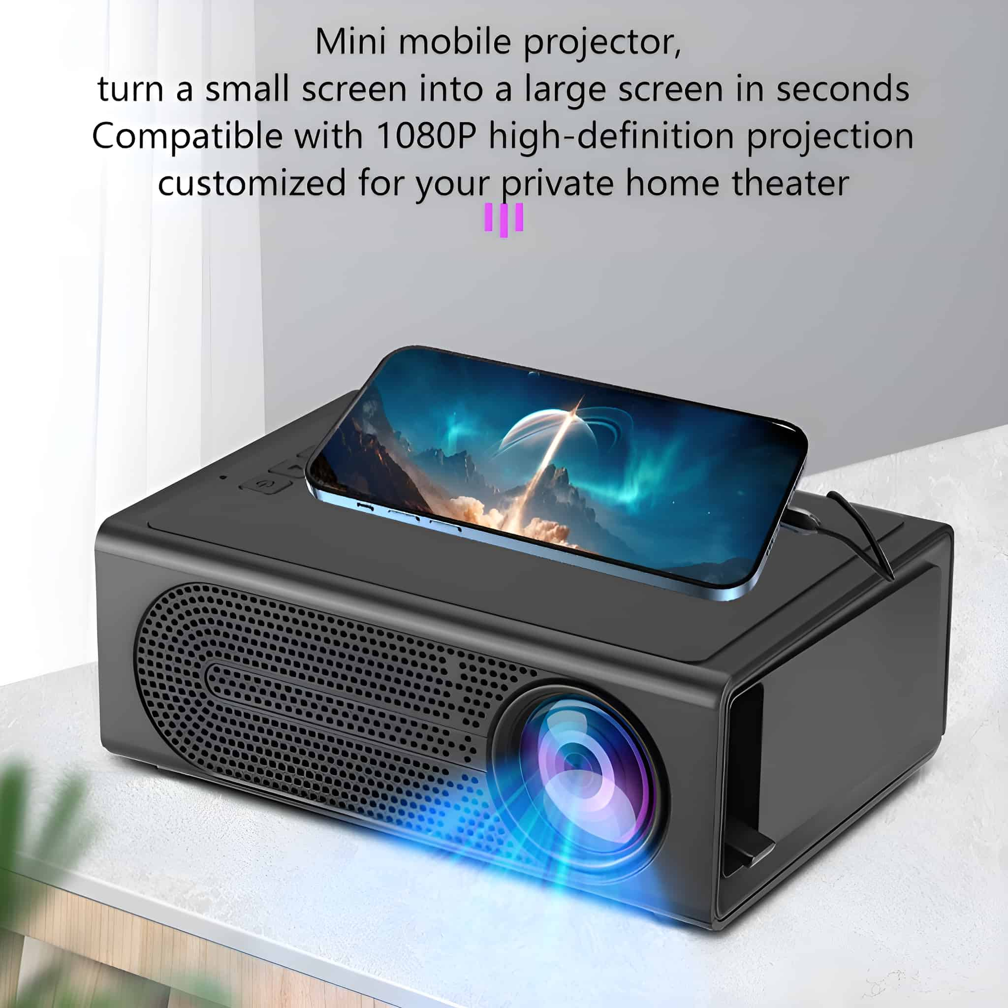 Schwarzer Projektor mit verbundenem Telefon. Zeigt Filmszene mit blauem Licht. Weiße Oberfläche.