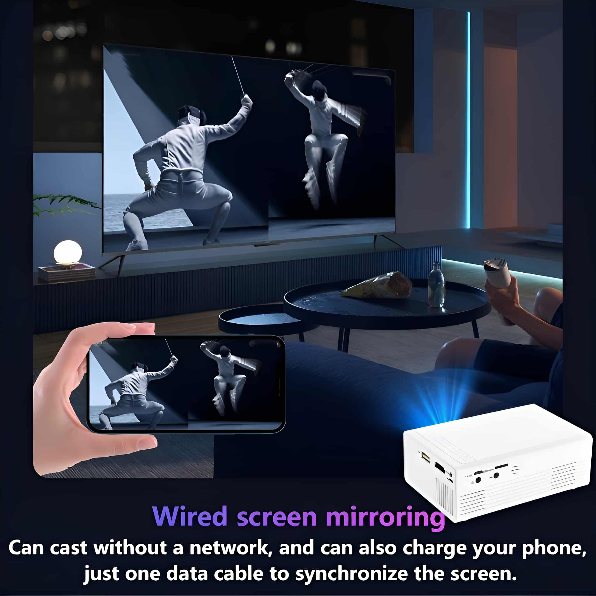 Ein Projektor, der einen Fechtkampf zeigt, Spiegelung auf einem Telefon, mit Text über Screen-Mirroring.