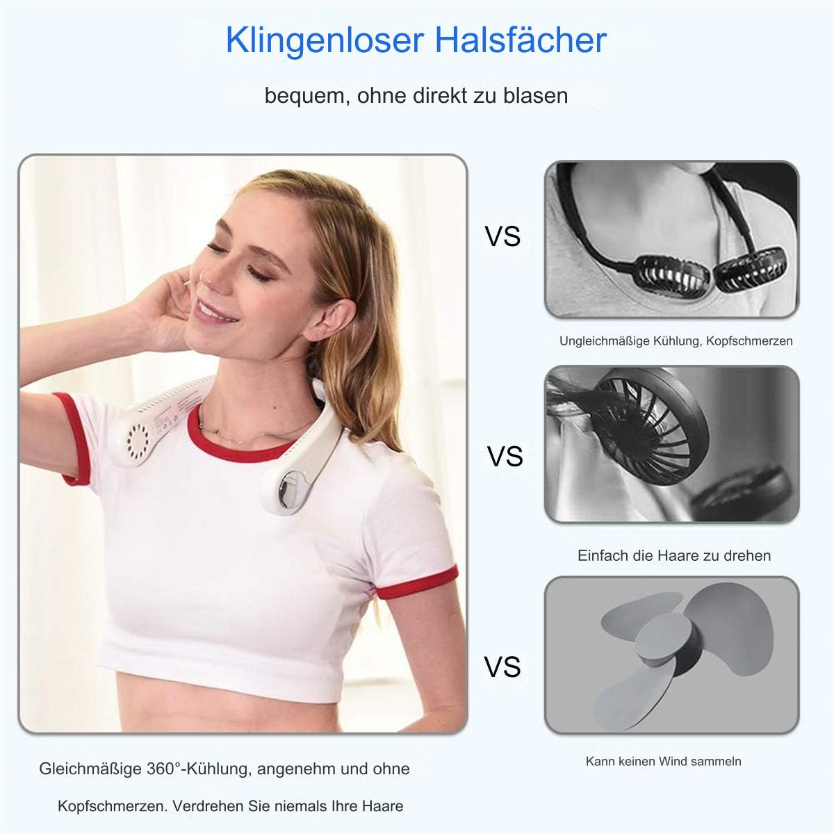 Diagramm mit einer Frau, die einen Nackenventilator trägt, und Vergleich mit anderen Ventilatoren.