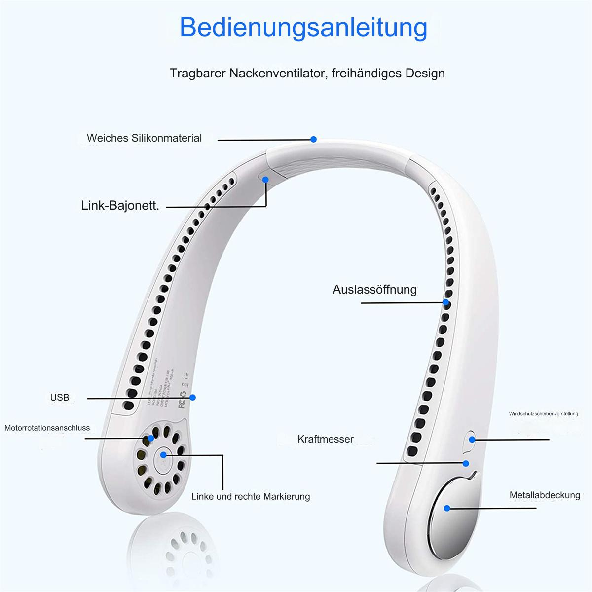 Ein weißer Nackenventilator mit beschrifteten Teilen, einschließlich USB-Anschluss und Luftauslässen.