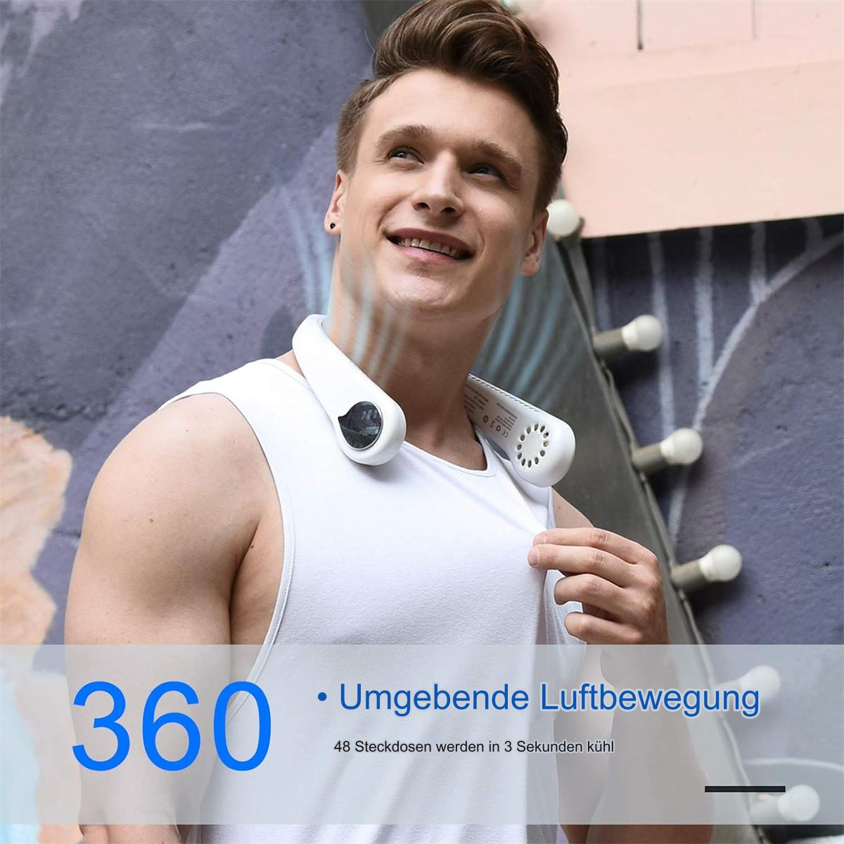 Ein Mann mit einem Nackenventilator, Text auf Deutsch beschreibt Kühlfunktionen.