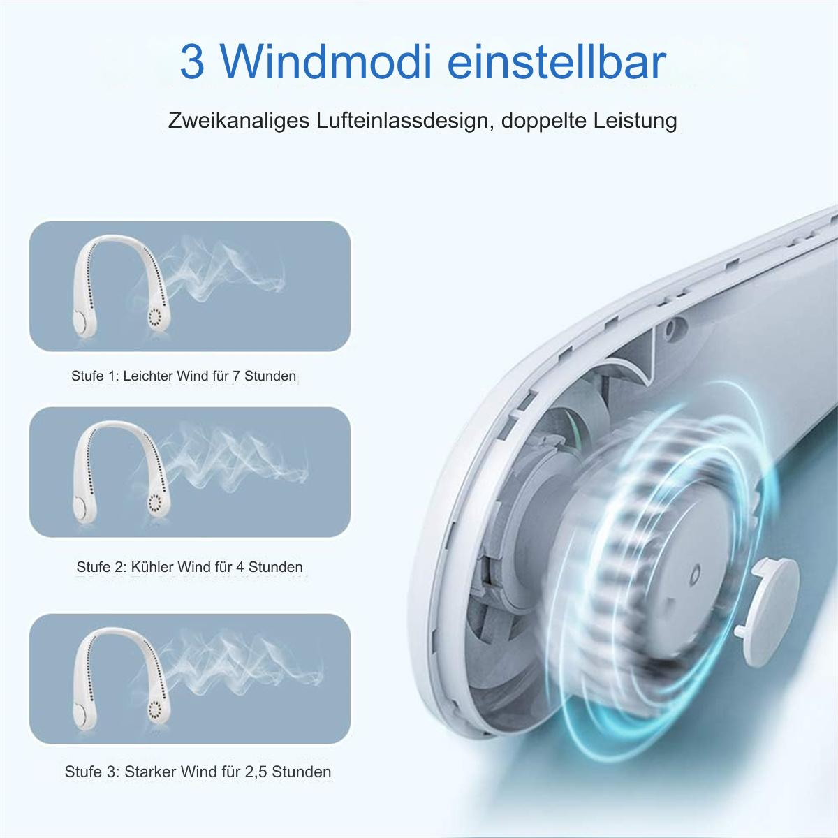 Tragbarer Nackenventilator mit drei Windeinstellungen und Diagrammen.