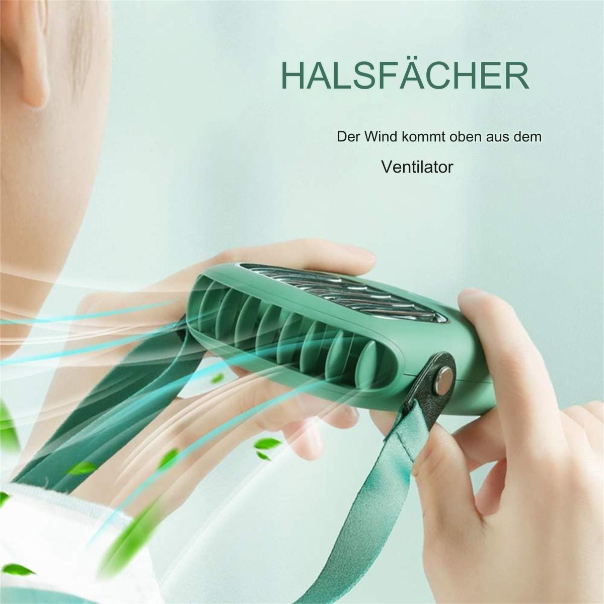Eine Person hält einen grünen tragbaren Nackenventilator, wobei Luft aus den Lüftungsschlitzen strömt.