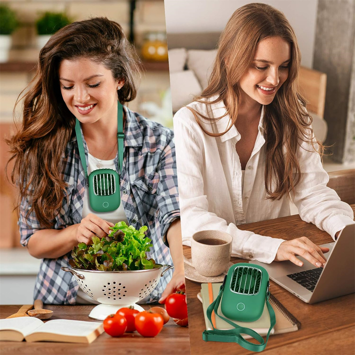 Zwei Personen mit tragbaren Ventilatoren um den Hals. Einer kocht mit Salat, der andere arbeitet am Laptop.