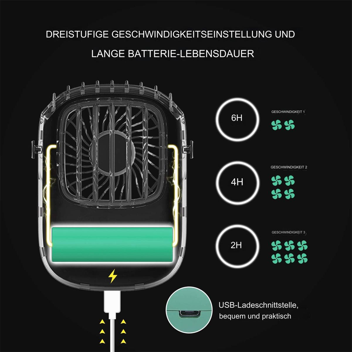 Schwarzer und grüner tragbarer Ventilator mit drei Geschwindigkeitseinstellungen und USB-Ladeanschluss.