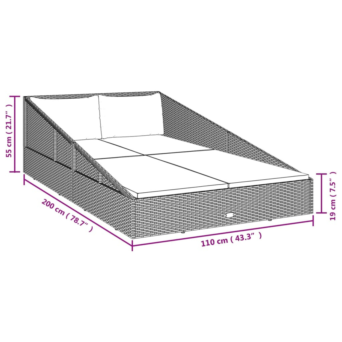 Outdoor-Tagesbett mit weißen Kissen, Abmessungen gezeigt. Korbgeflechtrahmen. Weißer Hintergrund.