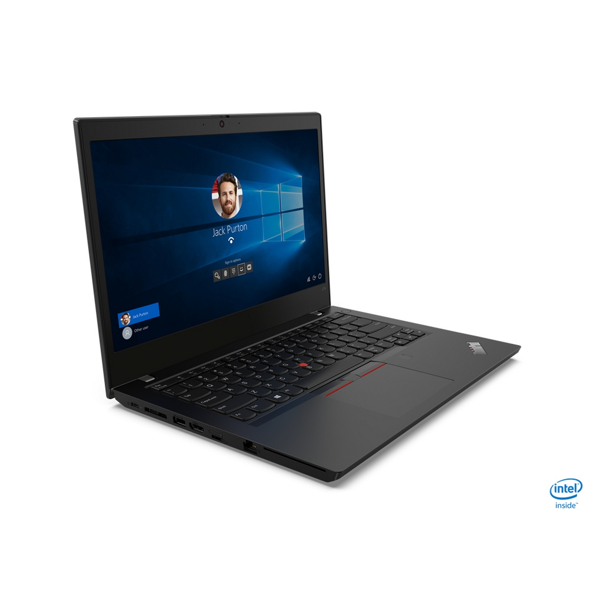 Laptop nero aperto, che mostra un profilo utente sullo schermo.
