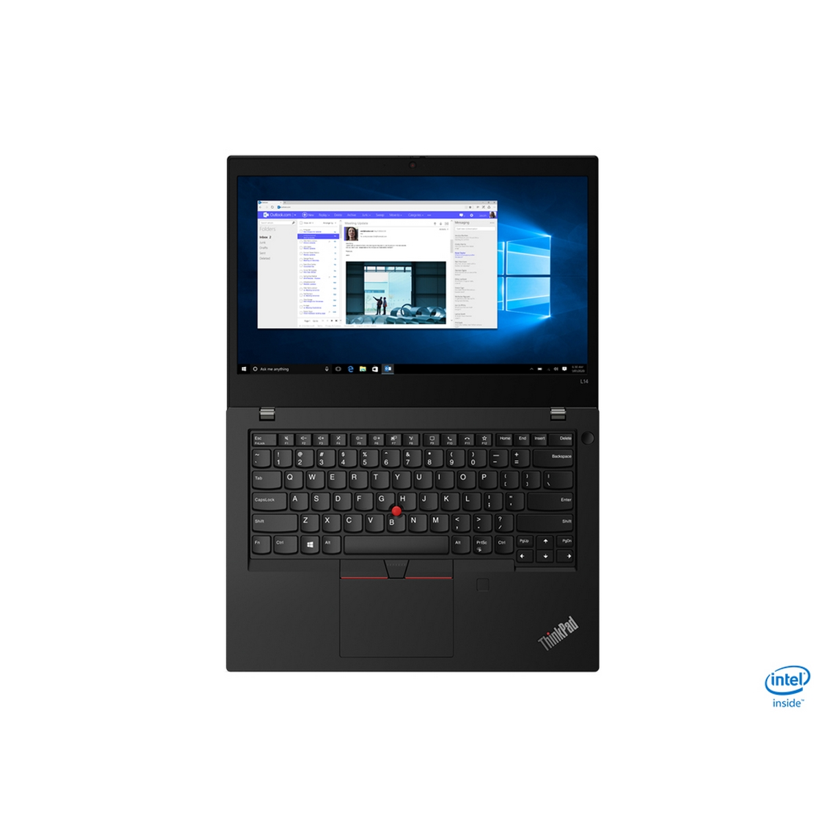 Un laptop ThinkPad nero con schermo aperto che mostra un'email. La tastiera è visibile e un adesivo Intel.