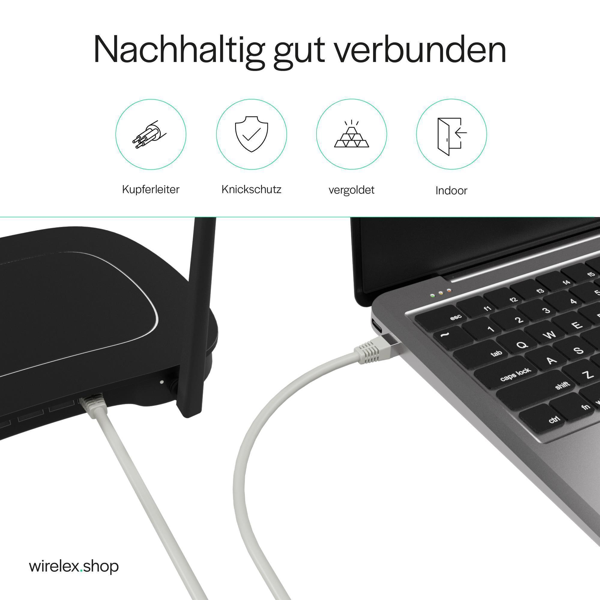Ein Laptop ist mit einem weißen Kabel mit einem Router verbunden. Vier Symbole und Text sind oben.