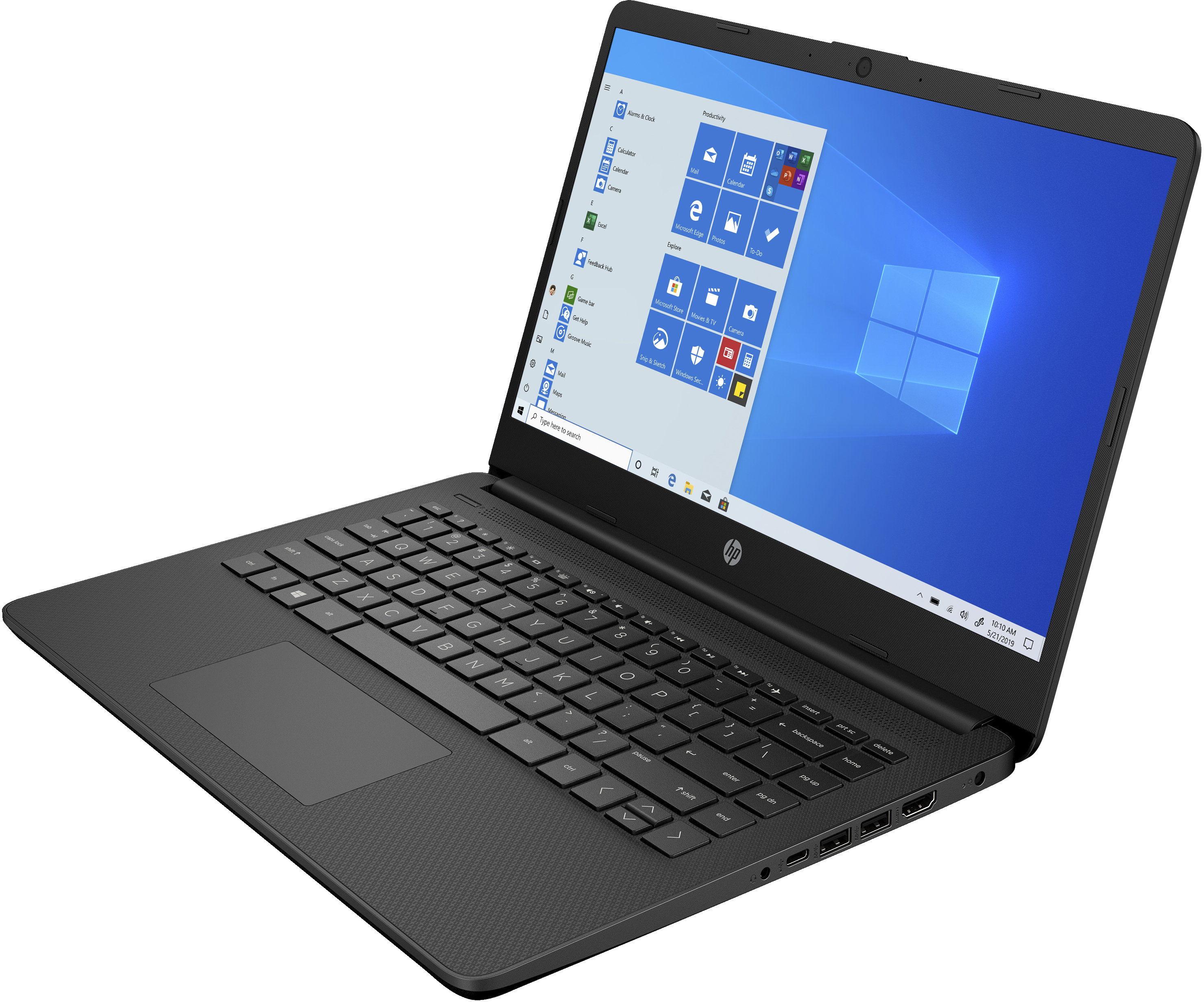 Laptop HP nero con interfaccia Windows aperta. Il laptop è su una superficie bianca, inclinato verso l'osservatore.