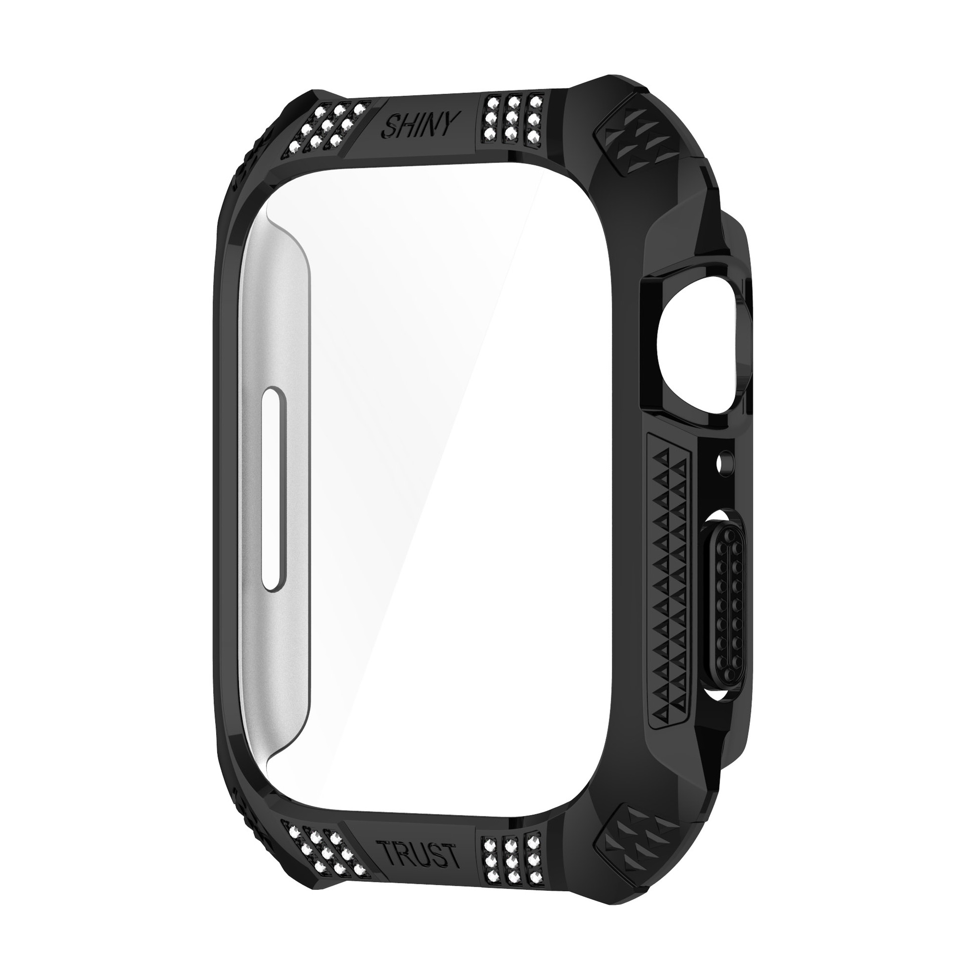 Schwarzes Apple Watch-Gehäuse mit Kristallakzenten. Weißer Hintergrund. Text SHINY und TRUST.