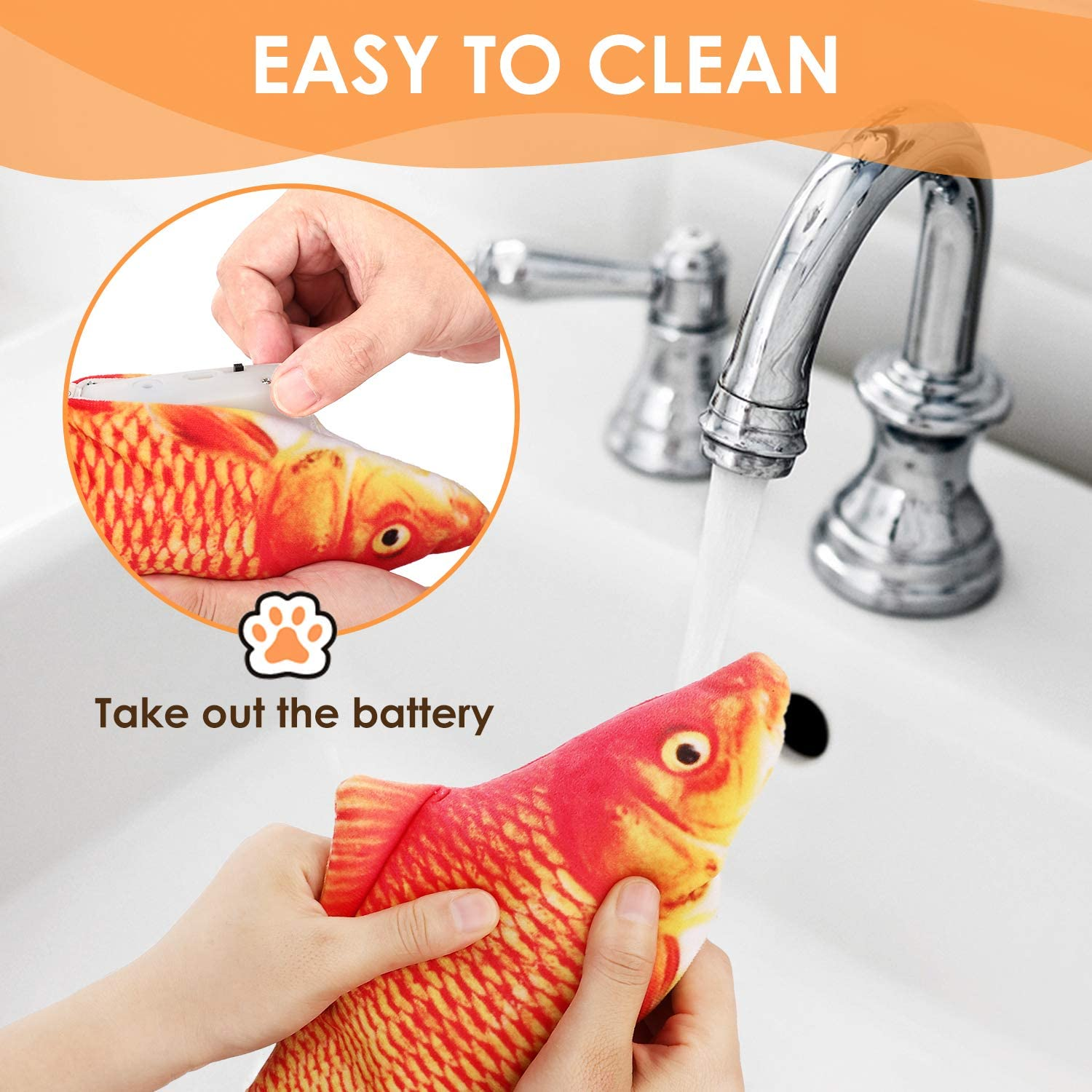 Ein Spielzeugfisch wird unter fließendem Wasser gewaschen. Der Fisch ist rot und gelb.