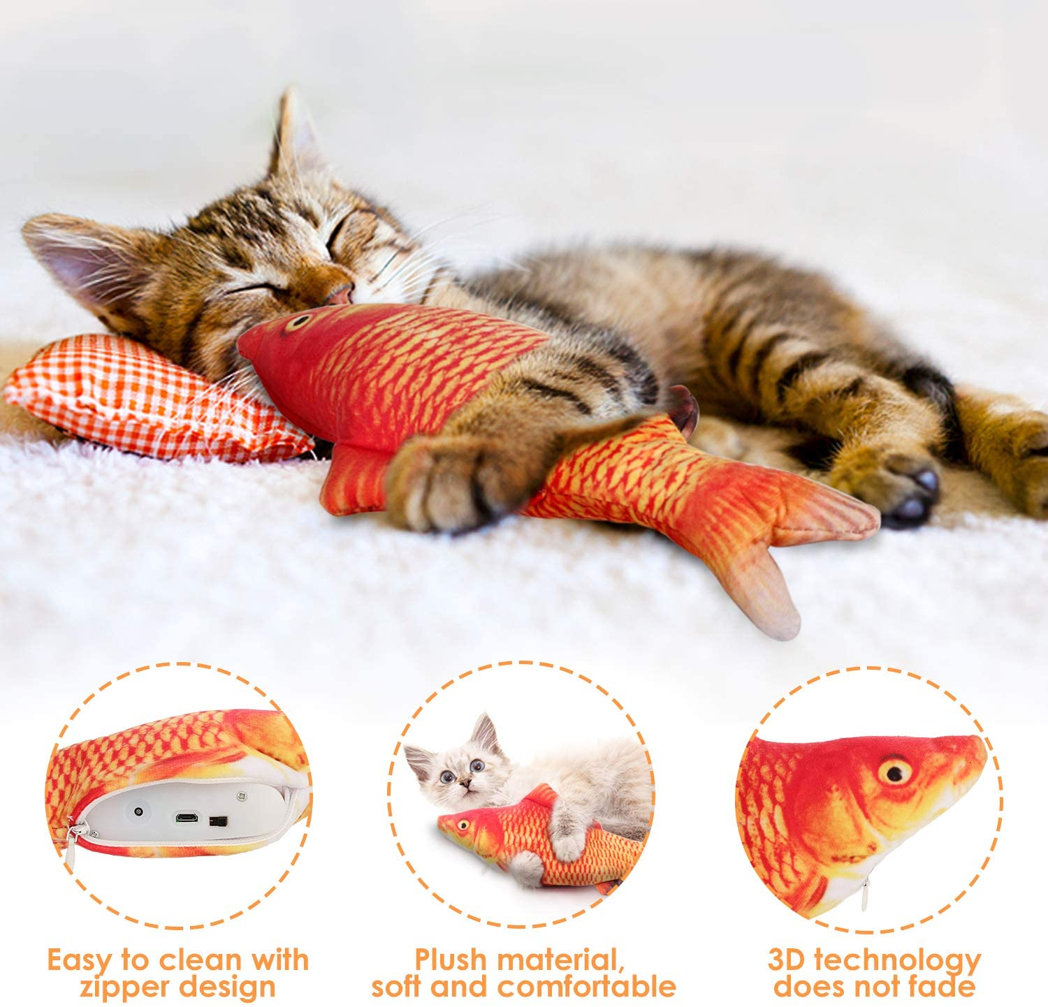 Eine schlafende Tabby-Katze mit einem roten Fischspielzeug. Drei weitere Bilder zeigen Details des Spielzeugs.