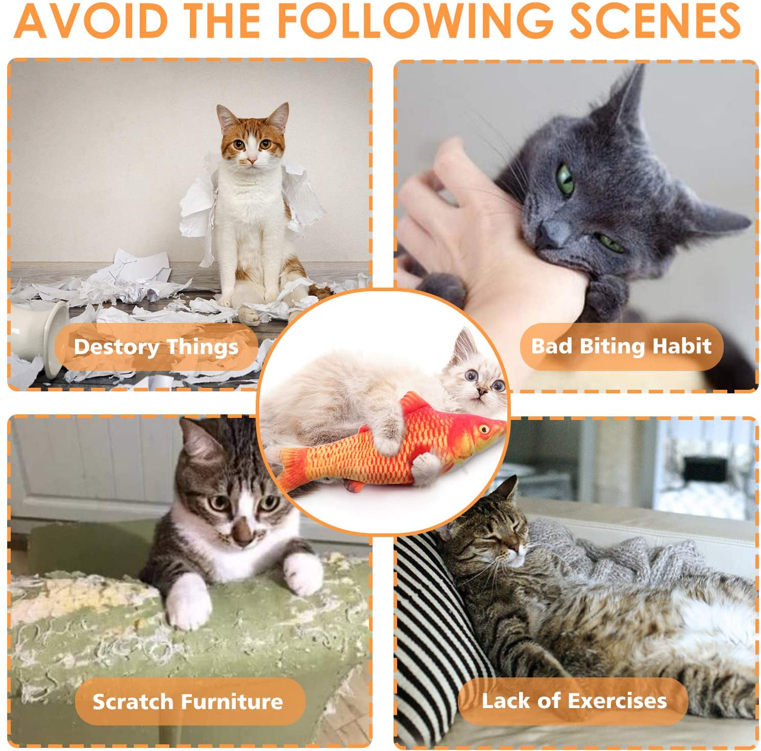 Collage: Katzen zerstören Gegenstände, beißen, kratzen Möbel und haben zu wenig Bewegung. Vermeiden!