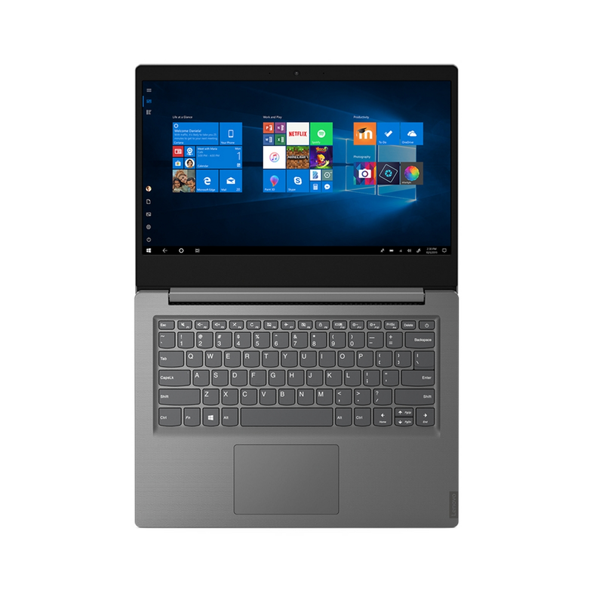 Un laptop Lenovo grigio, aperto. Lo schermo mostra la schermata iniziale di Windows e la tastiera è visibile.