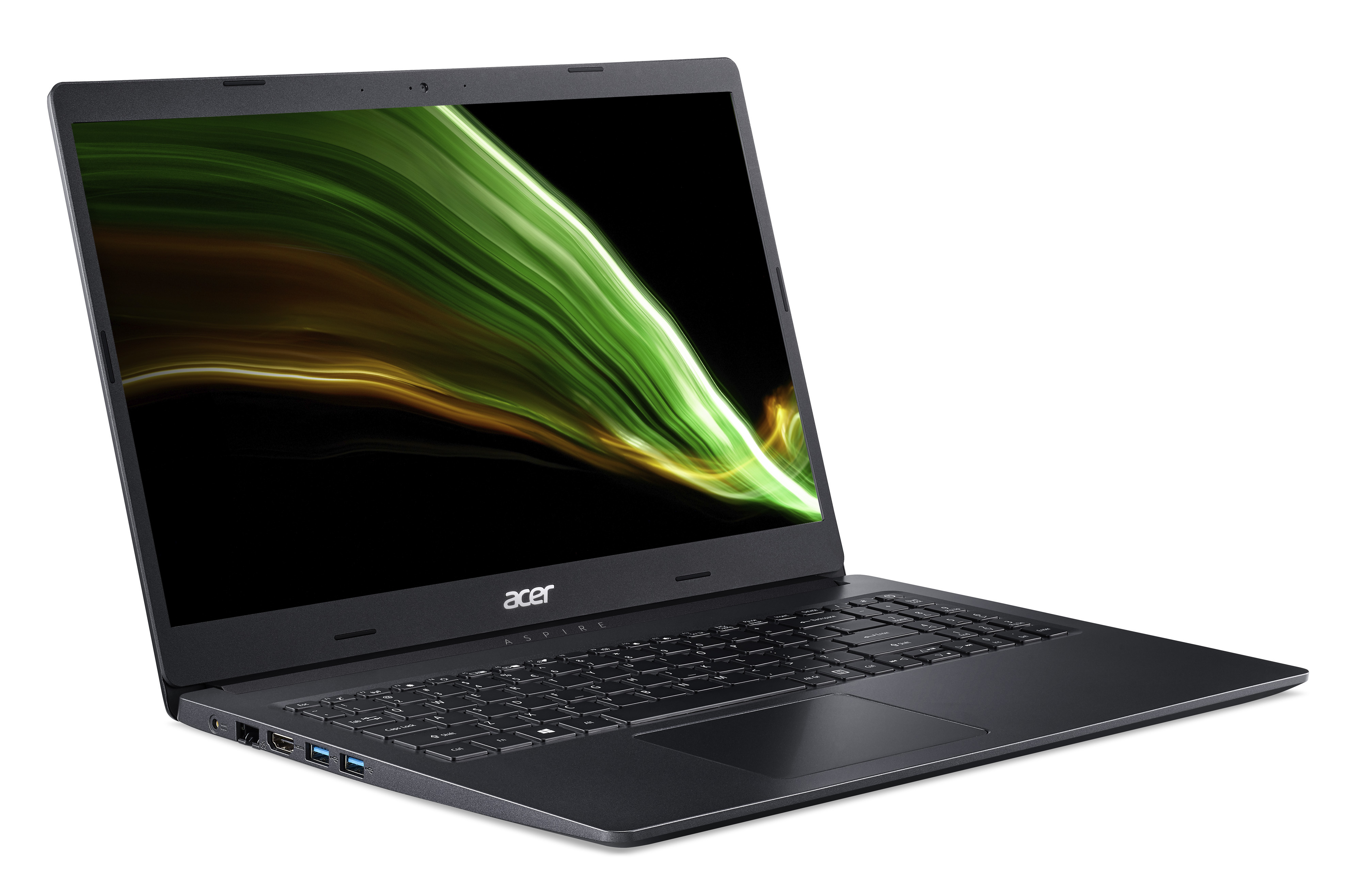 Un laptop Acer nero, aperto ad angolo. Lo schermo mostra un design astratto colorato.