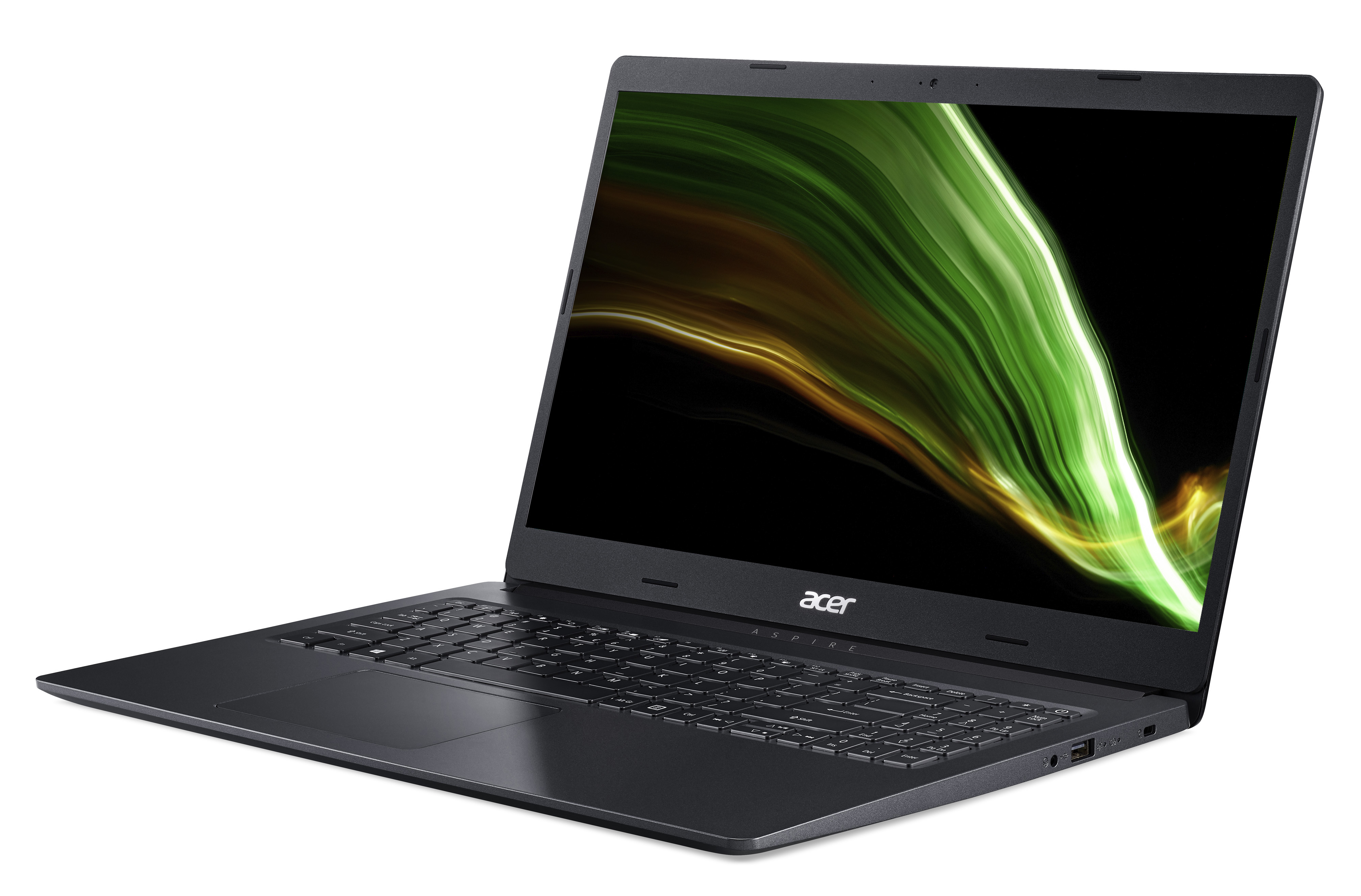 Laptop Acer, aperto, nero con design verde sullo schermo, su sfondo bianco.