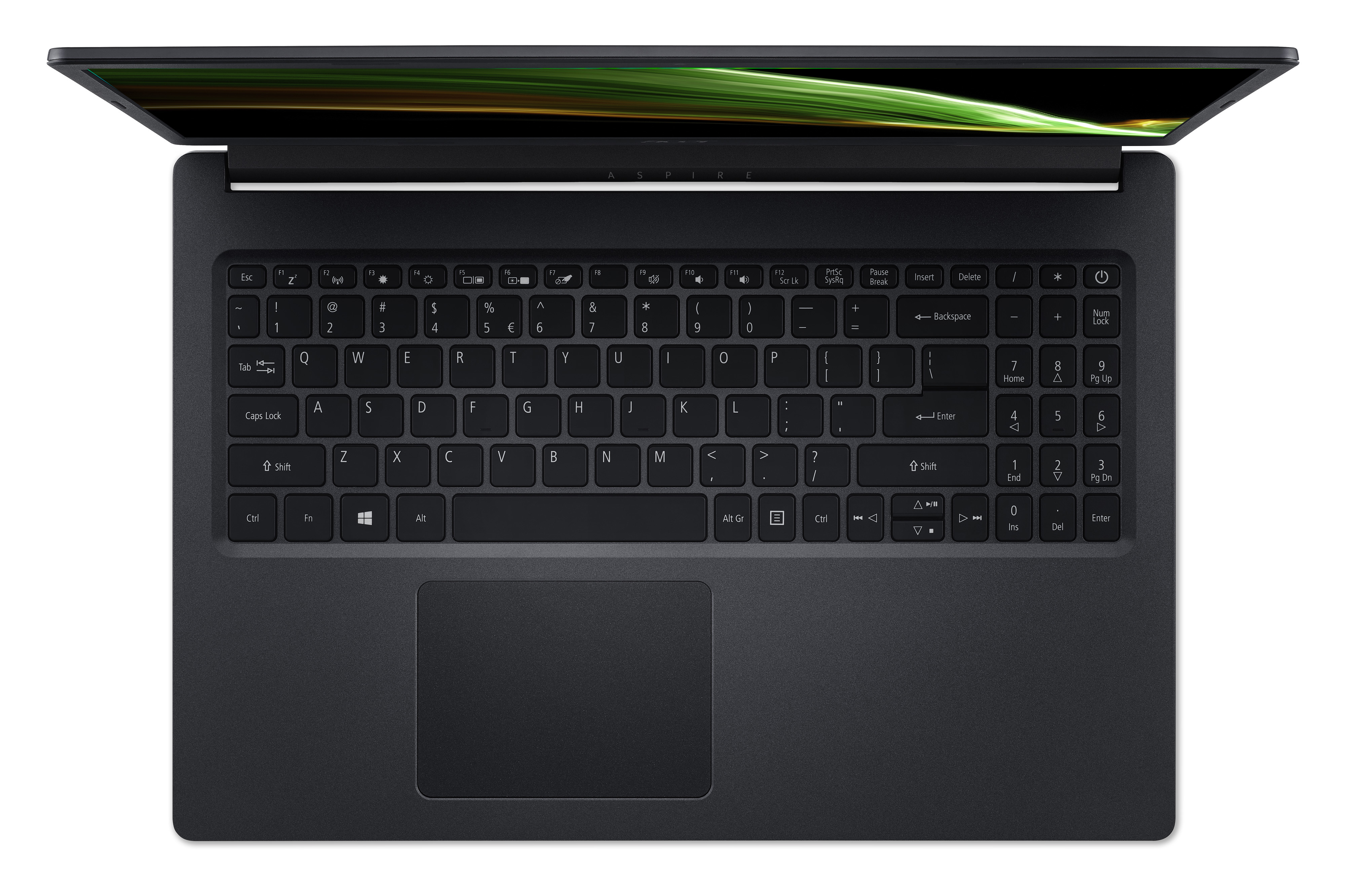 Laptop Acer, vista dall'alto, aperto. Mostra tastiera e schermo in alto.