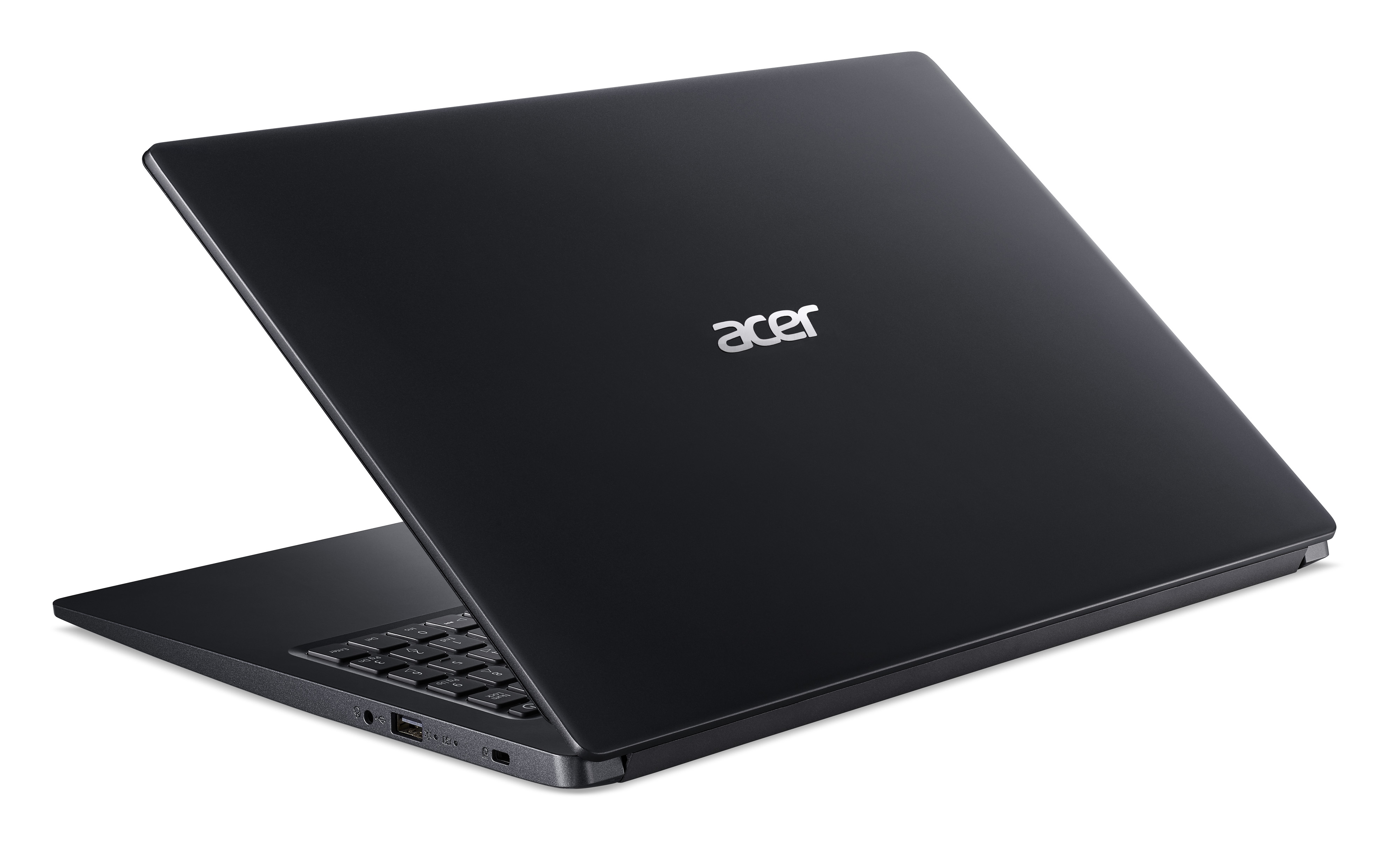 Laptop nero, vista posteriore, leggermente aperto. Logo Acer visibile sul coperchio. Sfondo bianco.