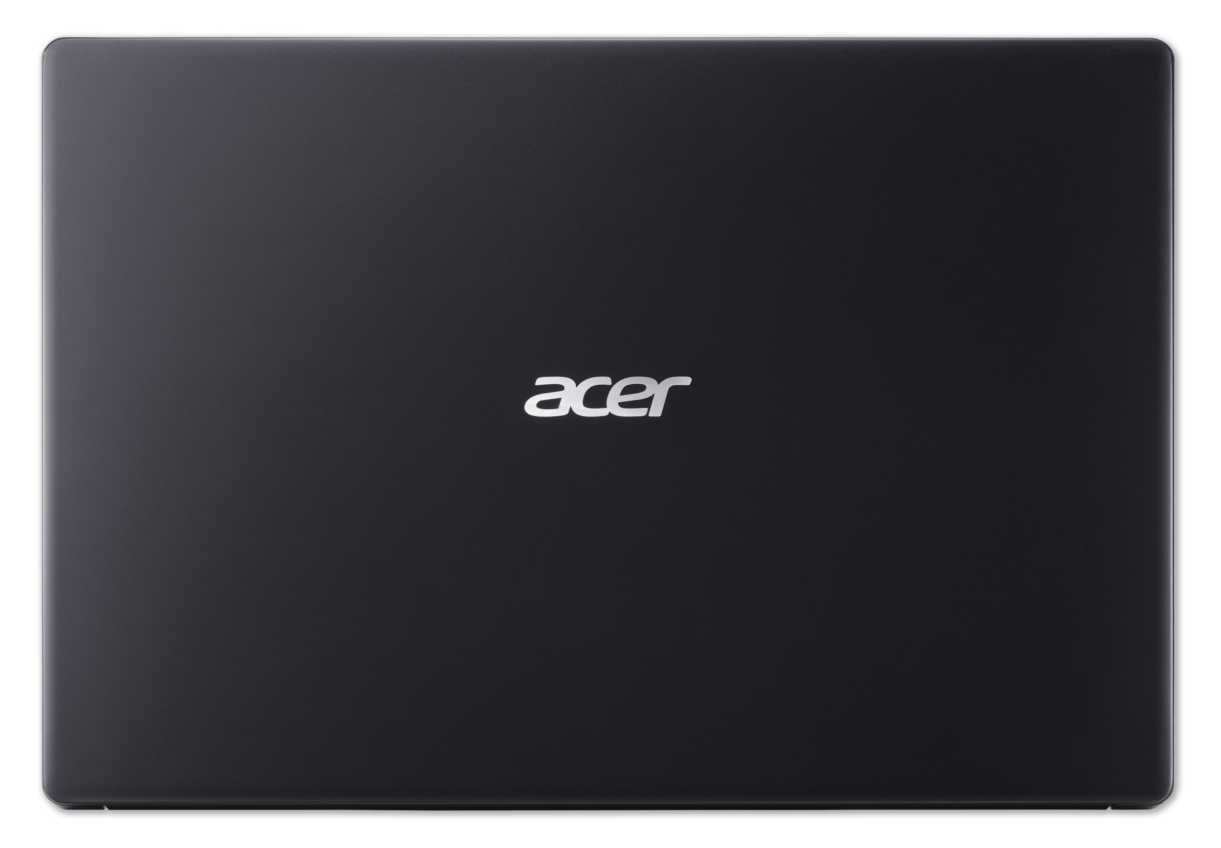 Laptop nero, chiuso, logo Acer sulla cover superiore. Su una superficie bianca.