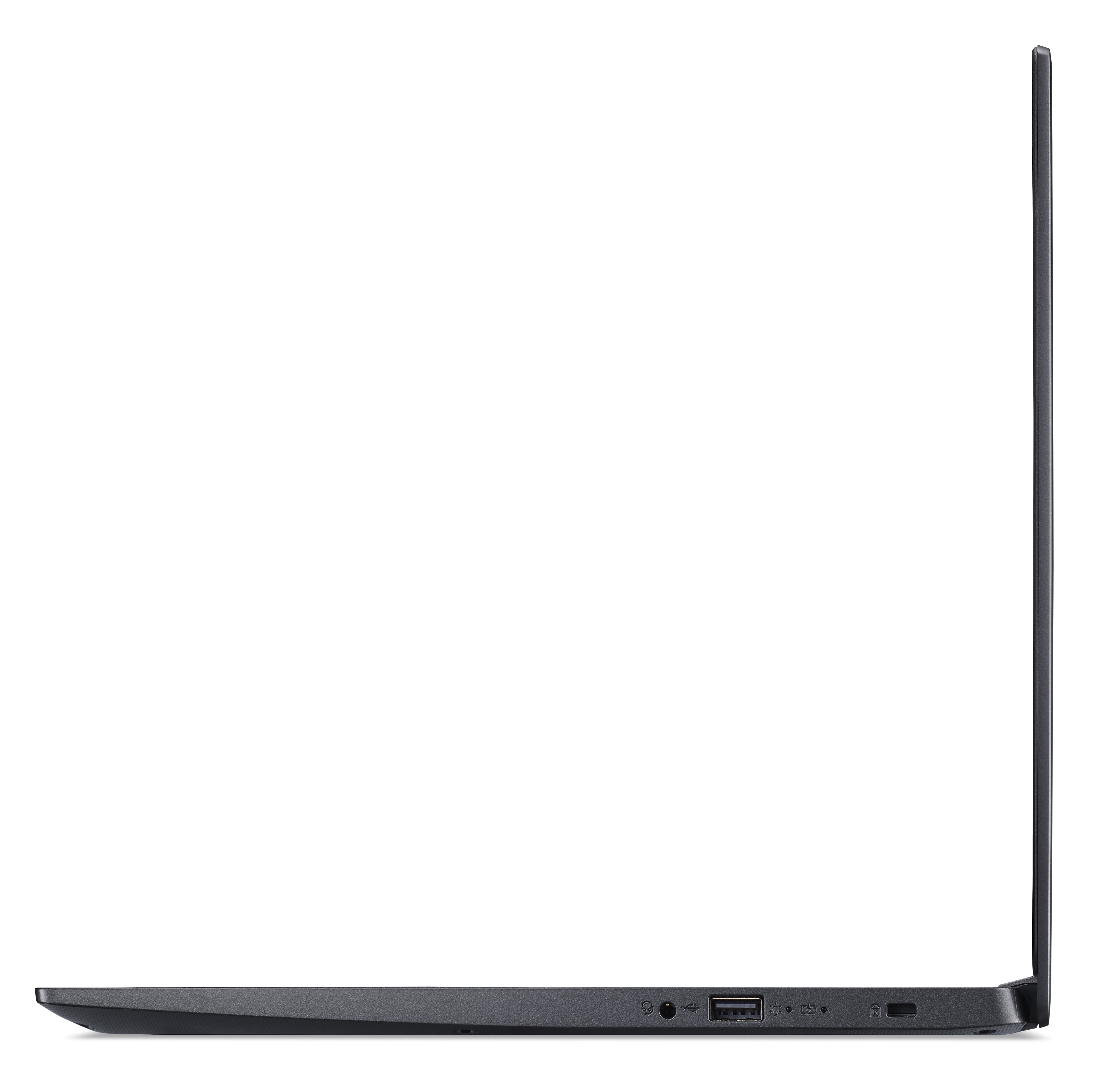 Vista laterale di un laptop nero. Porte e prese d'aria visibili. Sfondo bianco.