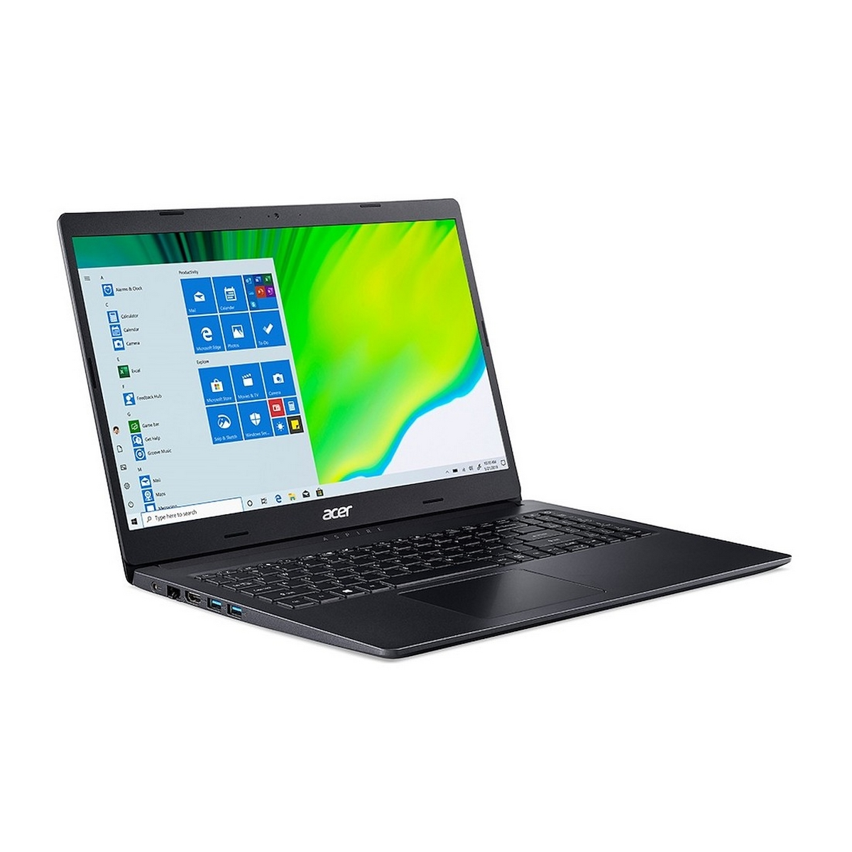 Laptop nero, aperto, mostra un desktop Windows. Logo Acer visibile. Sfondo bianco.