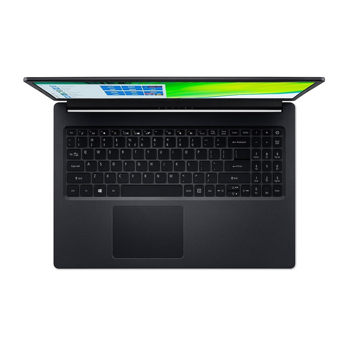 Laptop nero aperto, vista dall'alto. Tastiera e touchpad visibili. Schermo bianco, cornice nera.