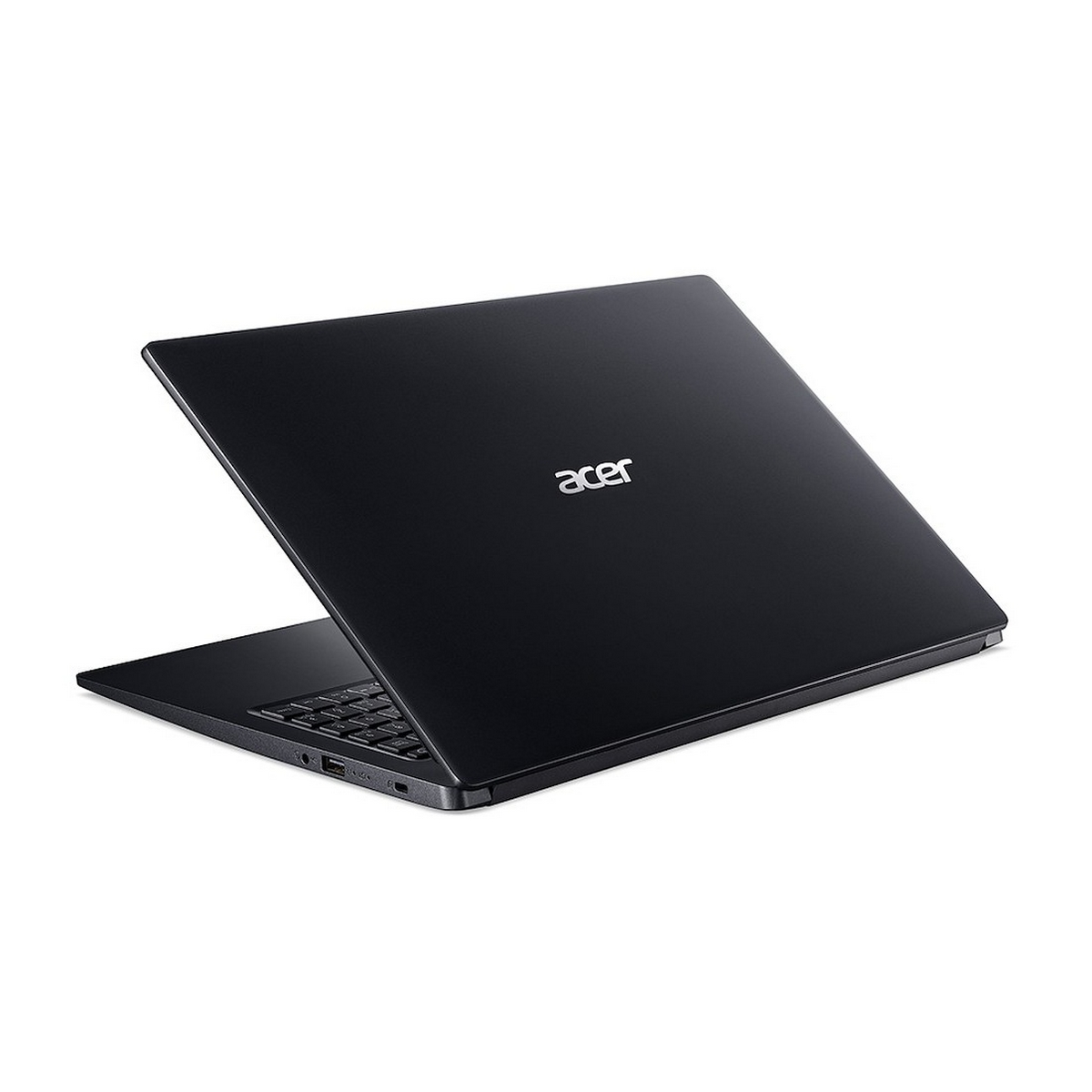 Laptop nero, coperchio chiuso, logo Acer sopra. Sfondo bianco.