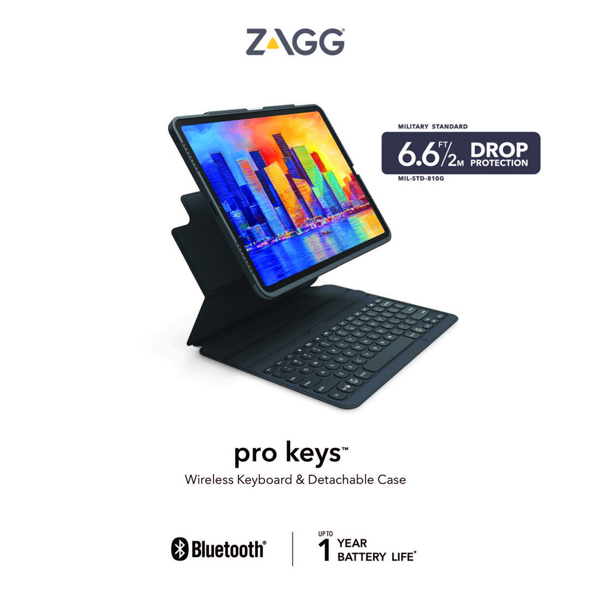 Una tableta ZAGG con funda de teclado, con protección contra caídas de 6,6 pies.