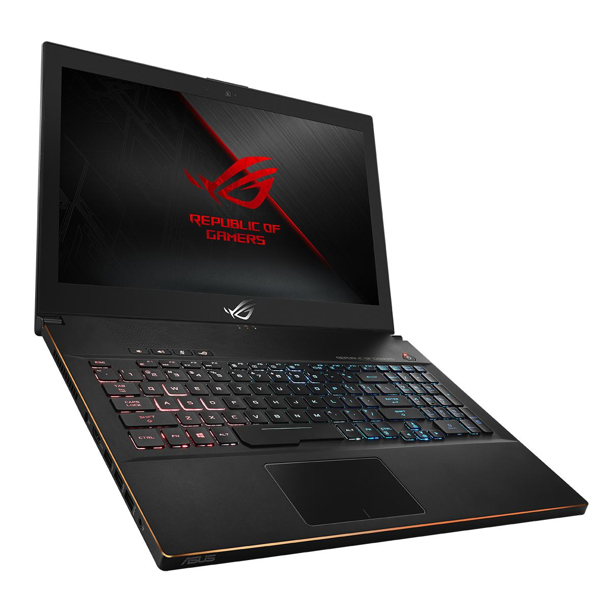 Laptop nero con logo rosso sullo schermo e tastiera retroilluminata. Vista angolata, sfondo bianco.