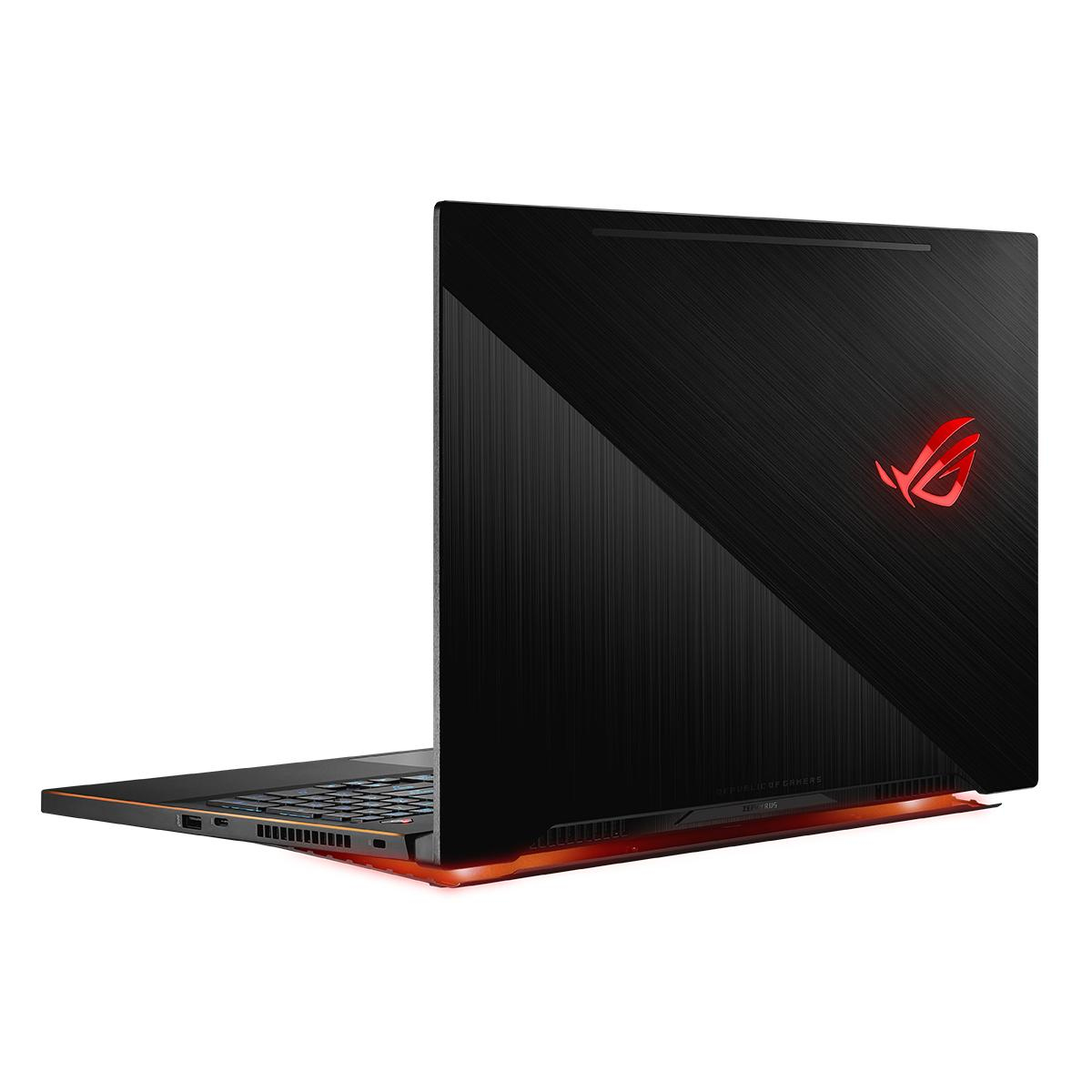 Retro del laptop nero con logo rosso luminoso e barra luminosa rossa in basso.