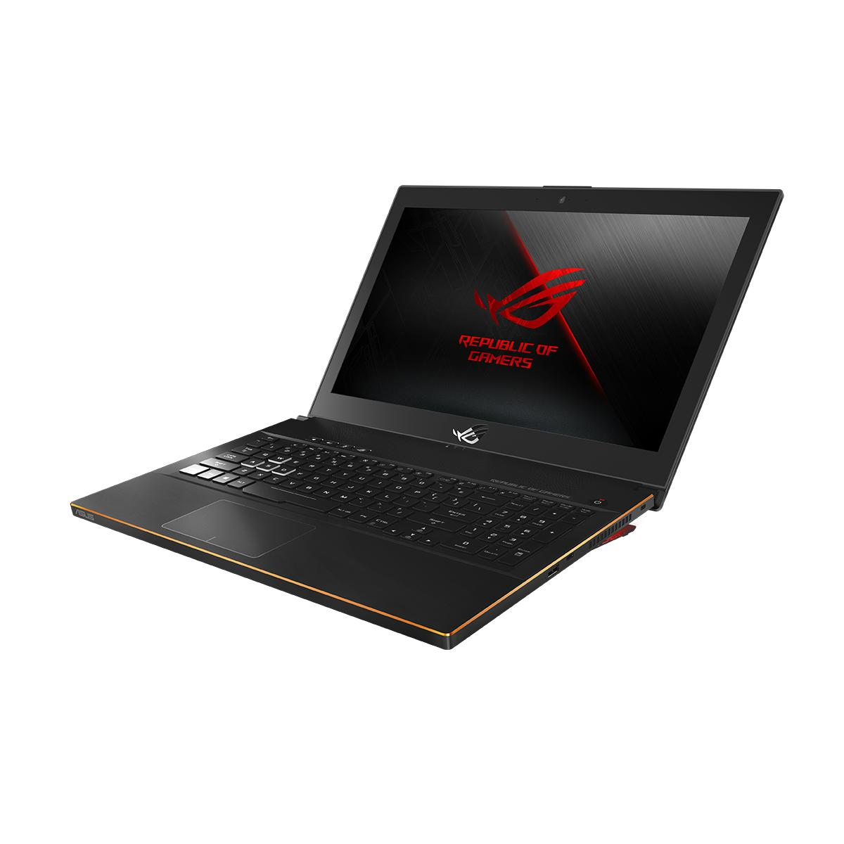 Laptop da gioco, nero con accenti rossi. Vista aperta, angolata. Mostra tastiera e schermo con logo.