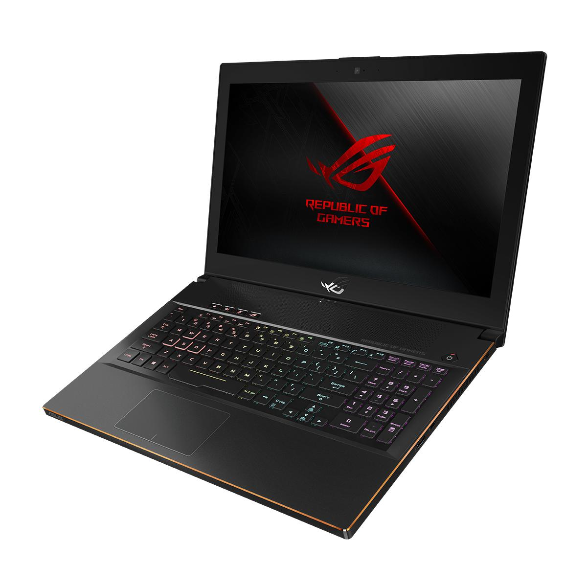 Laptop nero con logo ROG rosso illuminato. La tastiera è illuminata multicolore.
