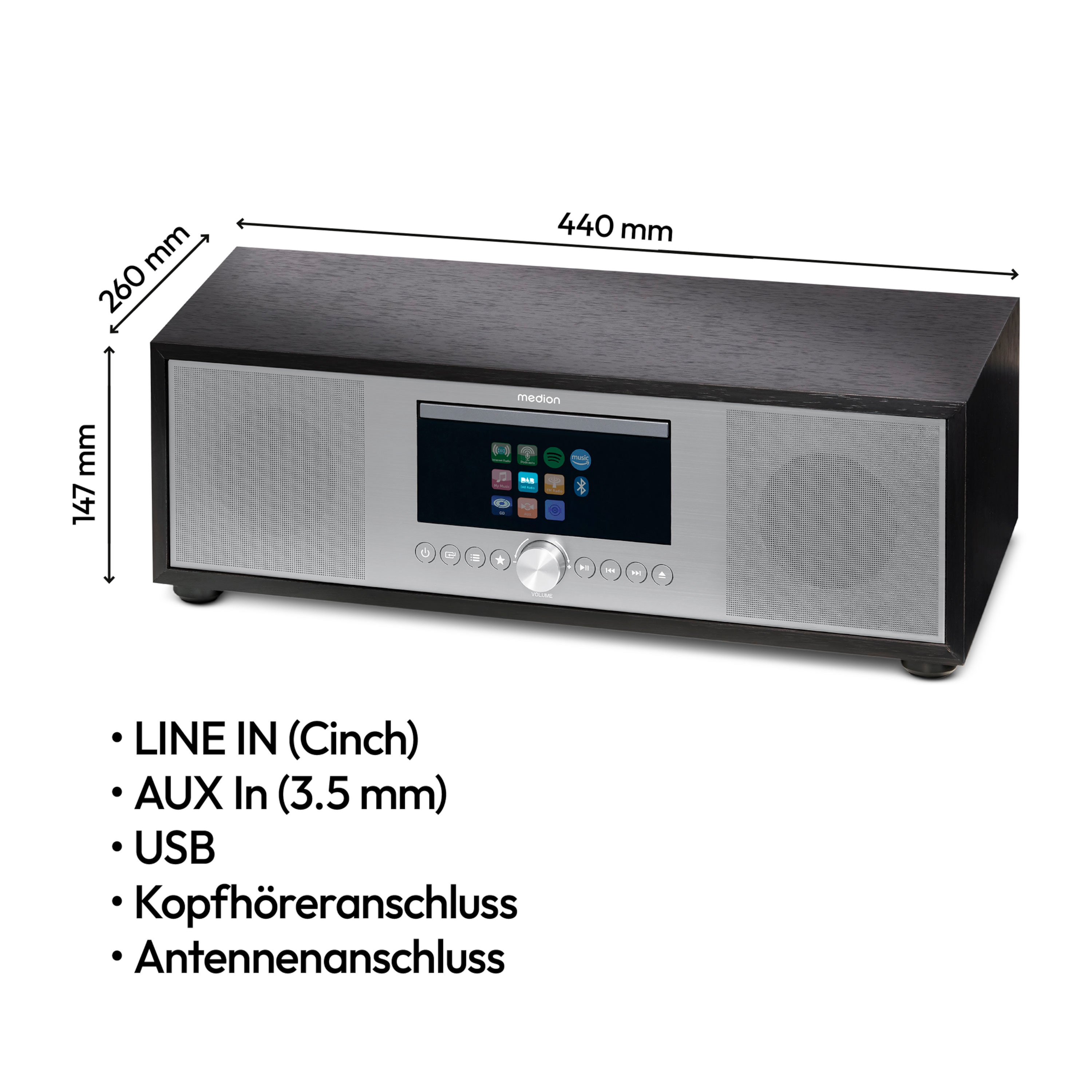 Radio Medion negro y plateado con pantalla y botones etiquetados. Se enumeran las dimensiones.