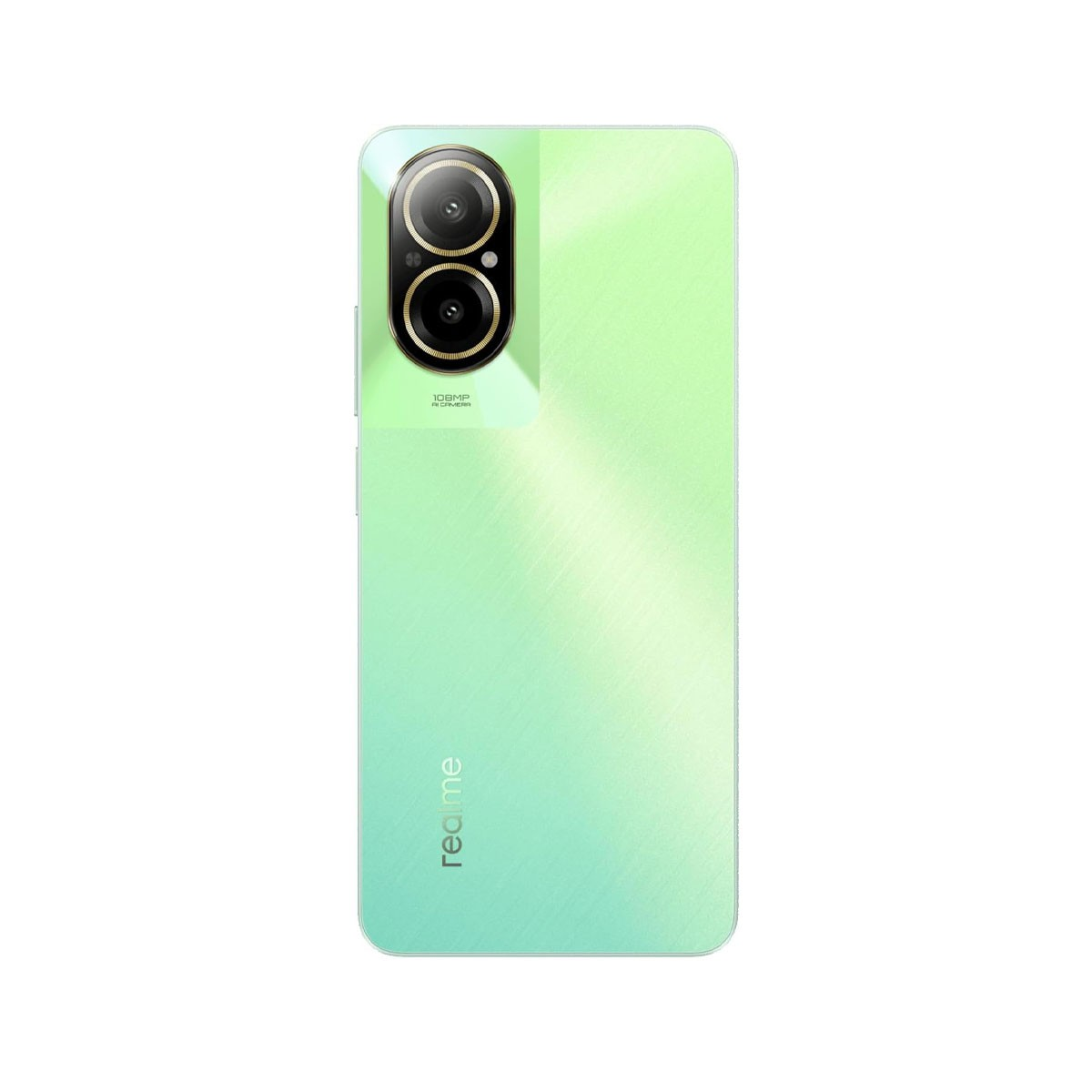 Grünes und mintfarbenes Smartphone. Duale Kamera auf der Rückseite. Markenname sichtbar.