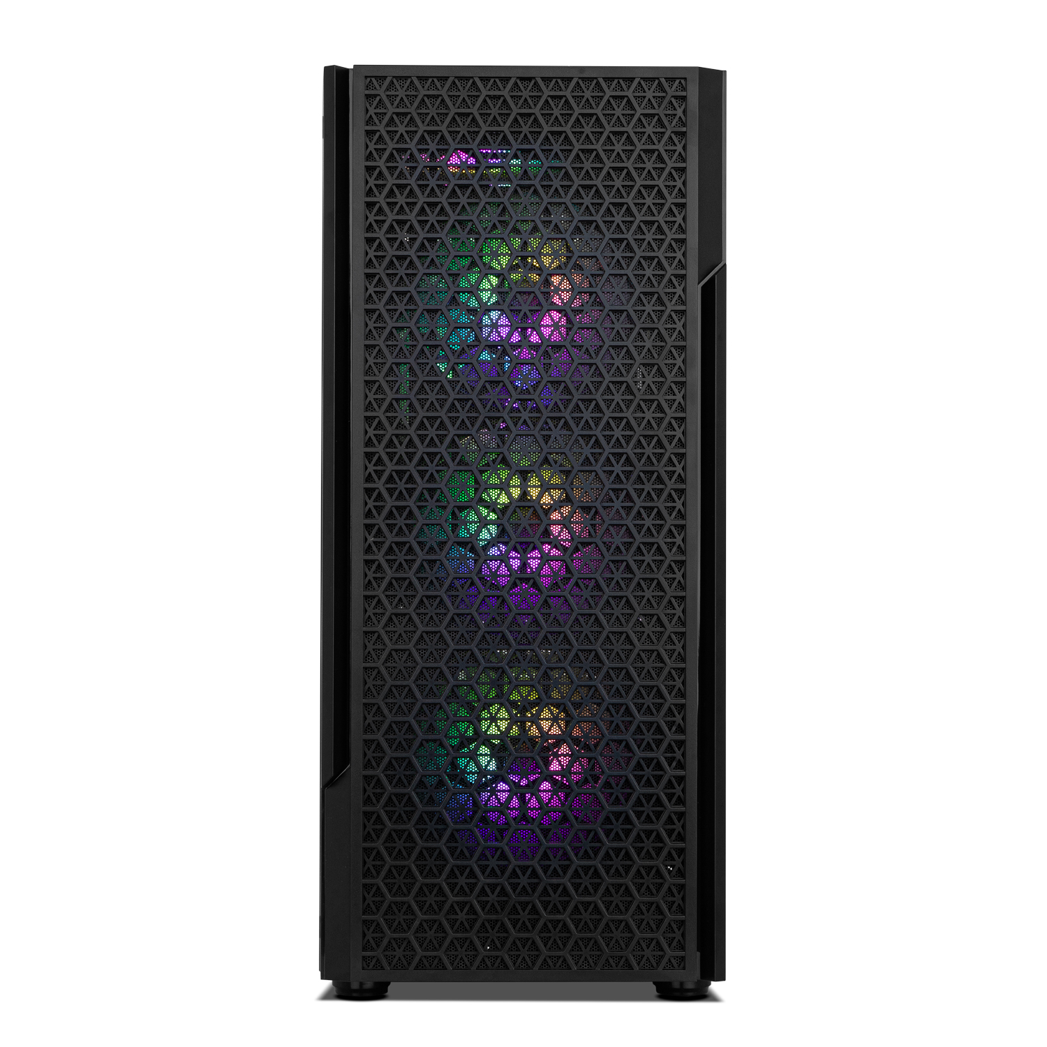 Una caja de computadora negra con frente de malla, iluminada por ventiladores internos coloridos.