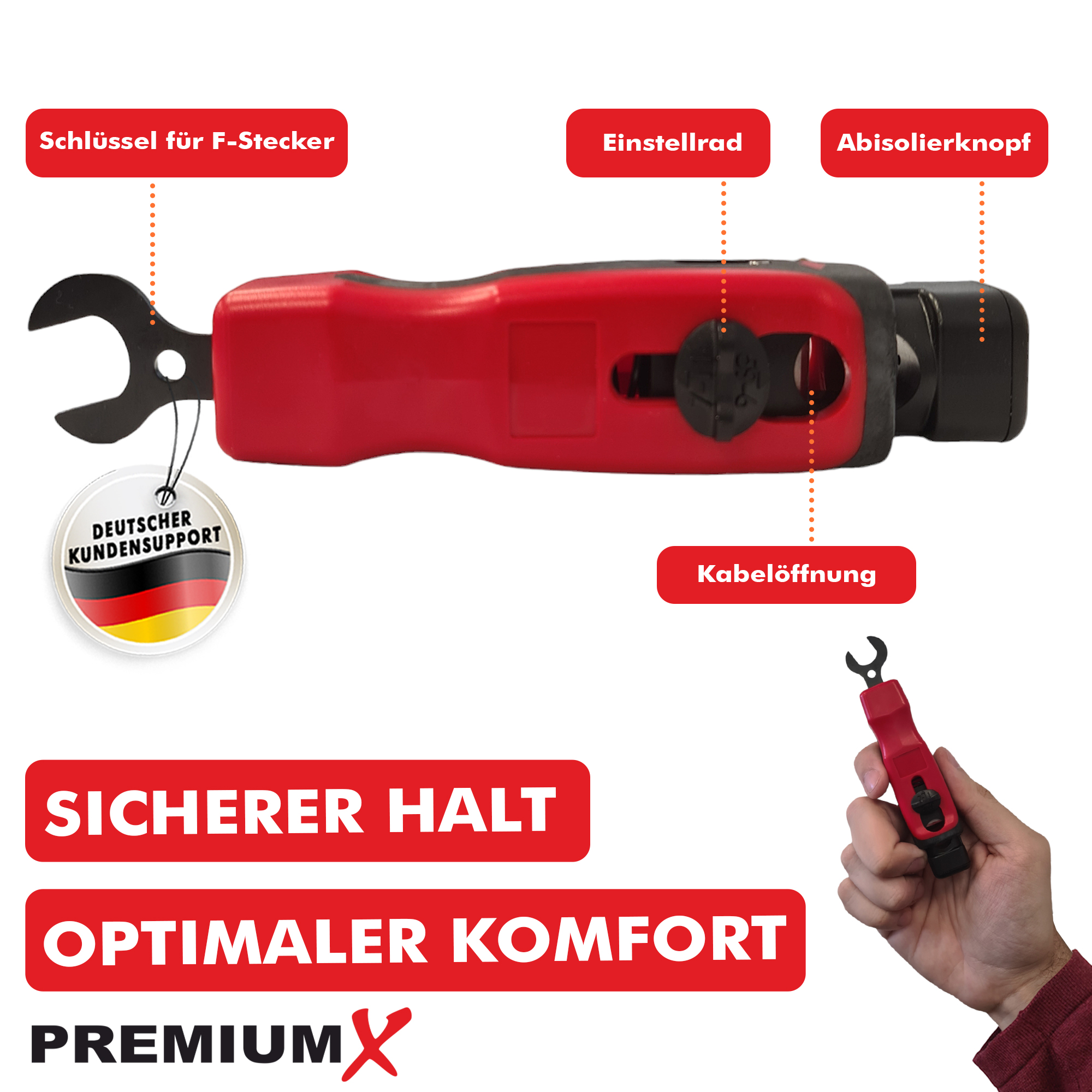 Rotes und schwarzes Werkzeug mit verschiedenen Etiketten. Ein kleiner Schraubenschlüssel wird gezeigt. Weißer Hintergrund.