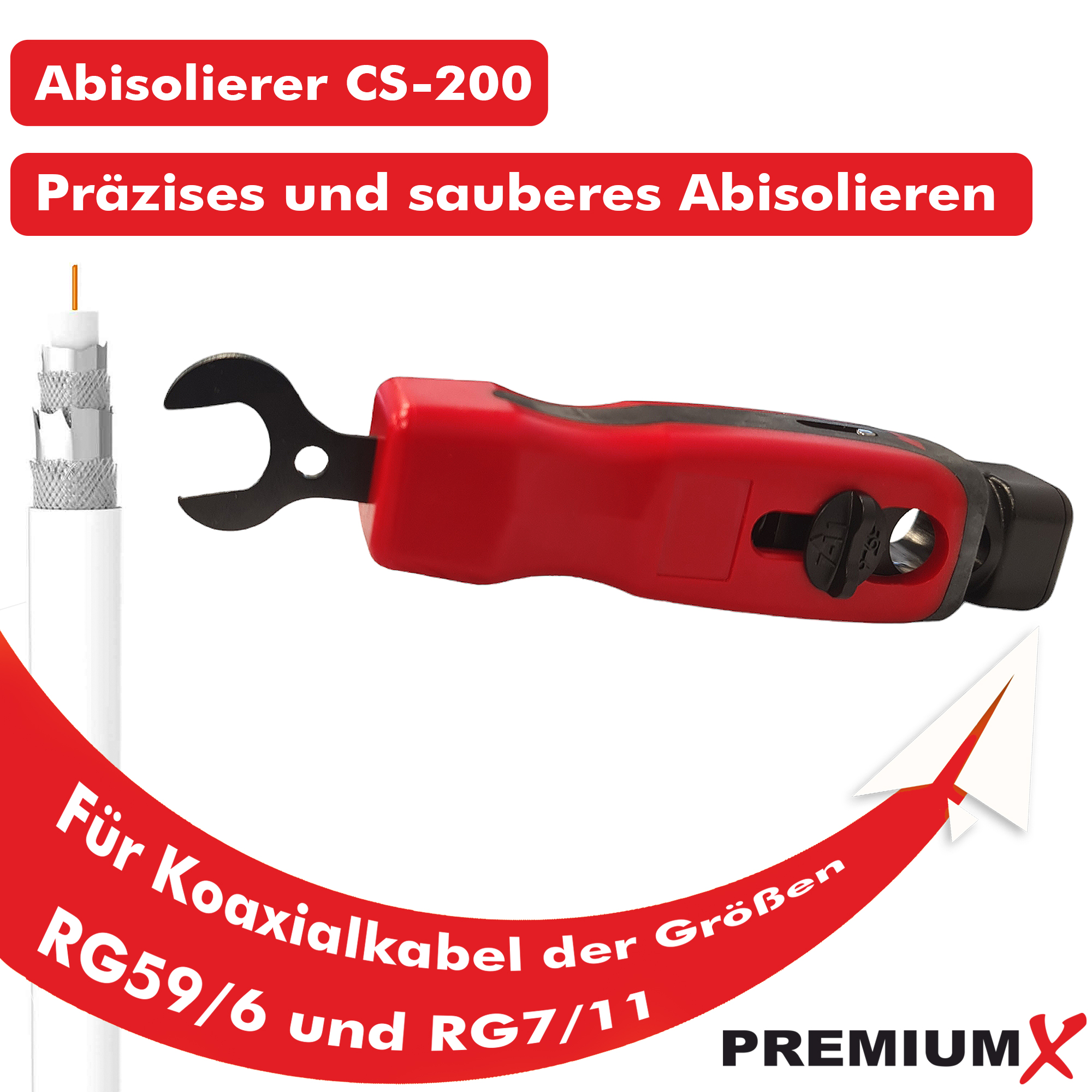 Rot-schwarzes Koaxialkabel-Abisolierwerkzeug mit Text. Weißes Kabel. Rot-weißer Hintergrund.