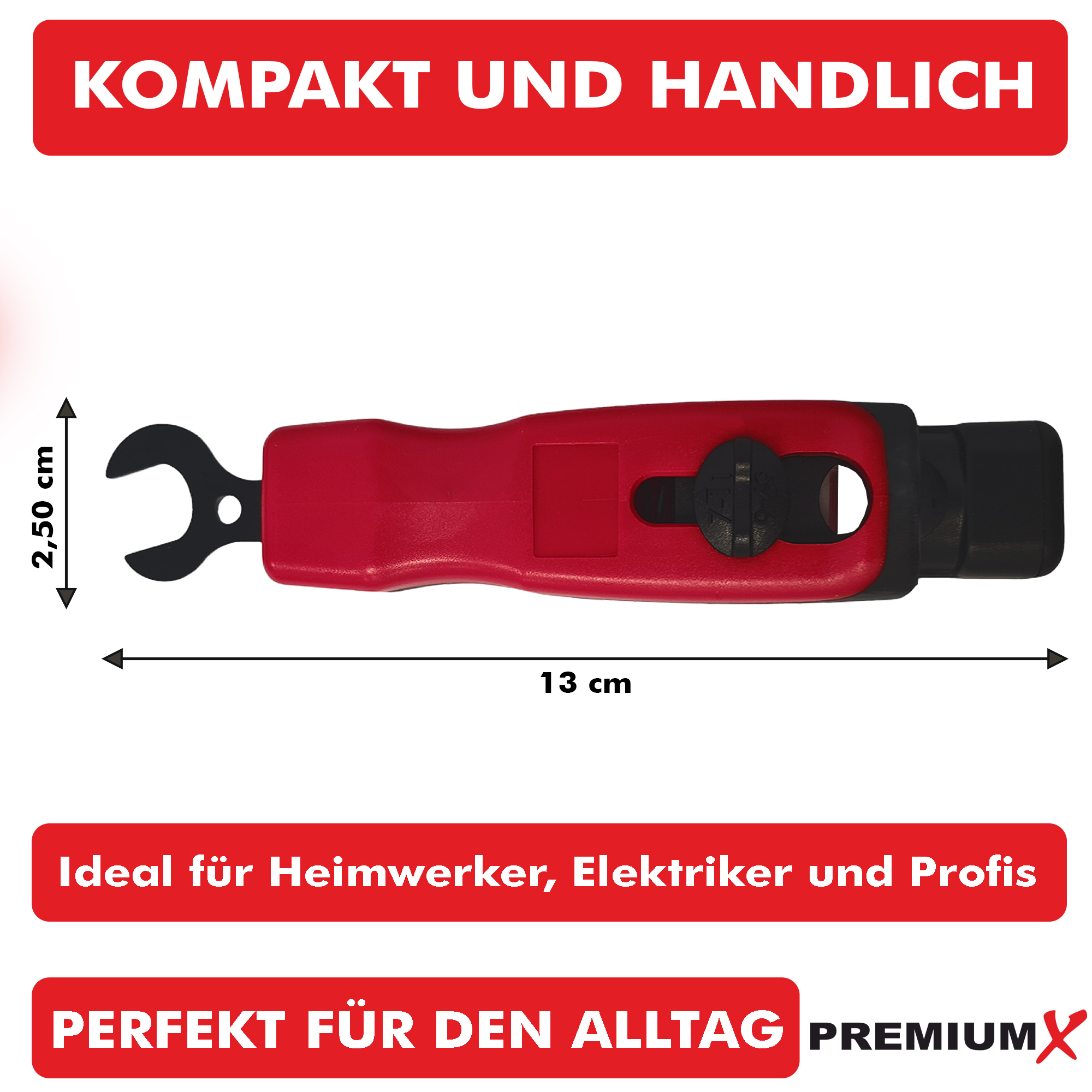 Rotes Werkzeug mit einem Schraubenschlüssel auf einer Seite und einem schwarzen Griff. Text oben.