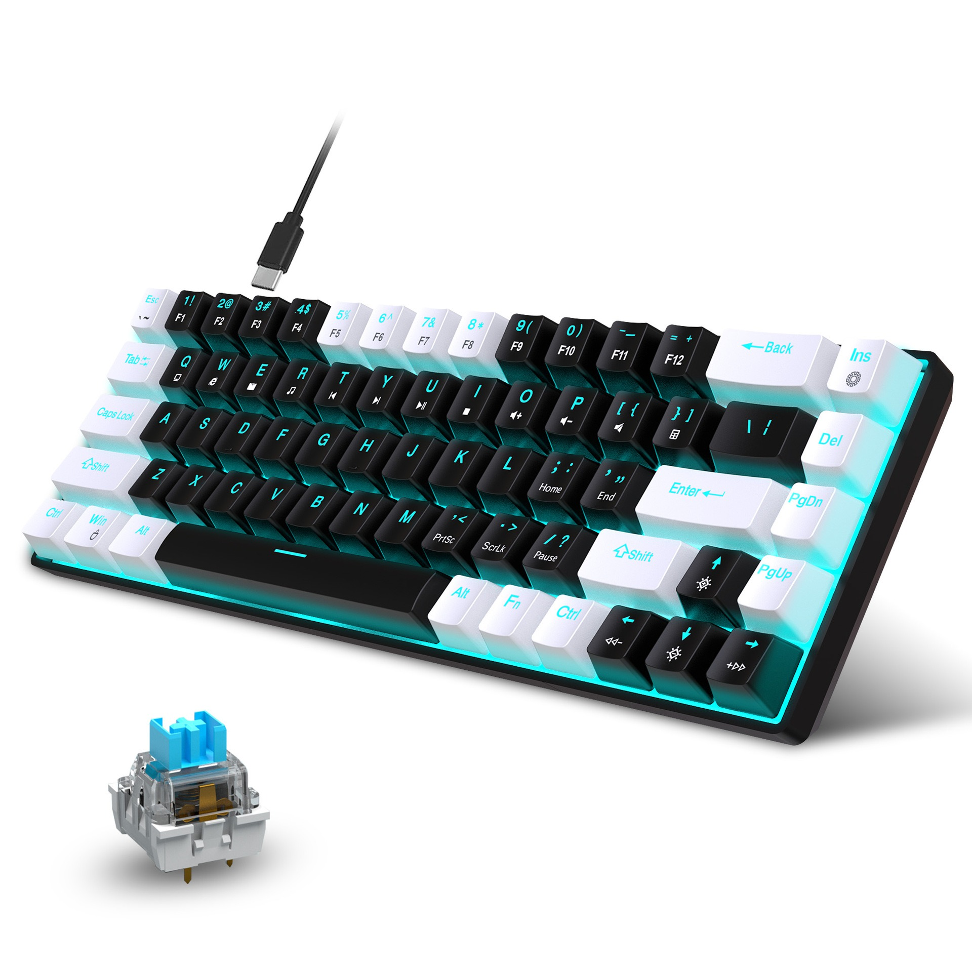 Kompakte mechanische Tastatur mit schwarz-weißen Tasten und blauen Lichtakzenten.