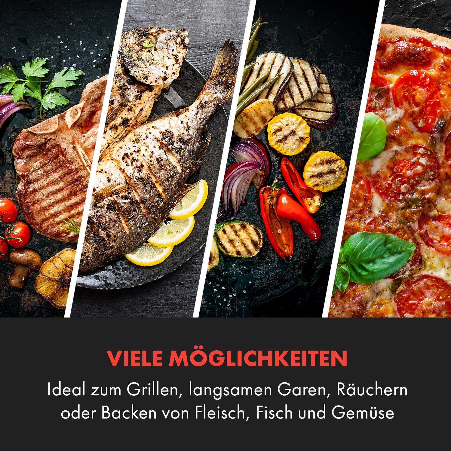 Collage di alimenti: pesce grigliato, bistecca, verdure e pizza.