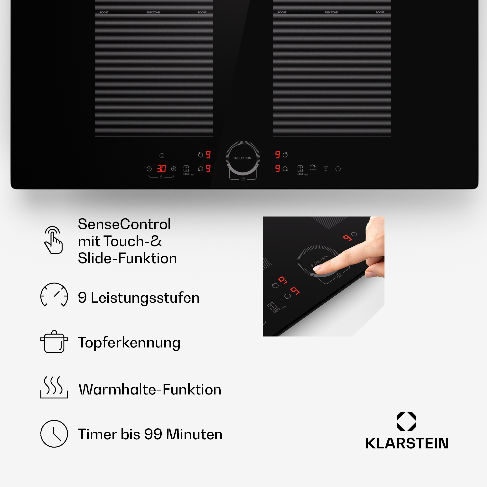 Schwarzes Induktionskochfeld mit zwei Kochfeldern. Bedienfeld sichtbar. Text und Symbole mit Details sind sichtbar.