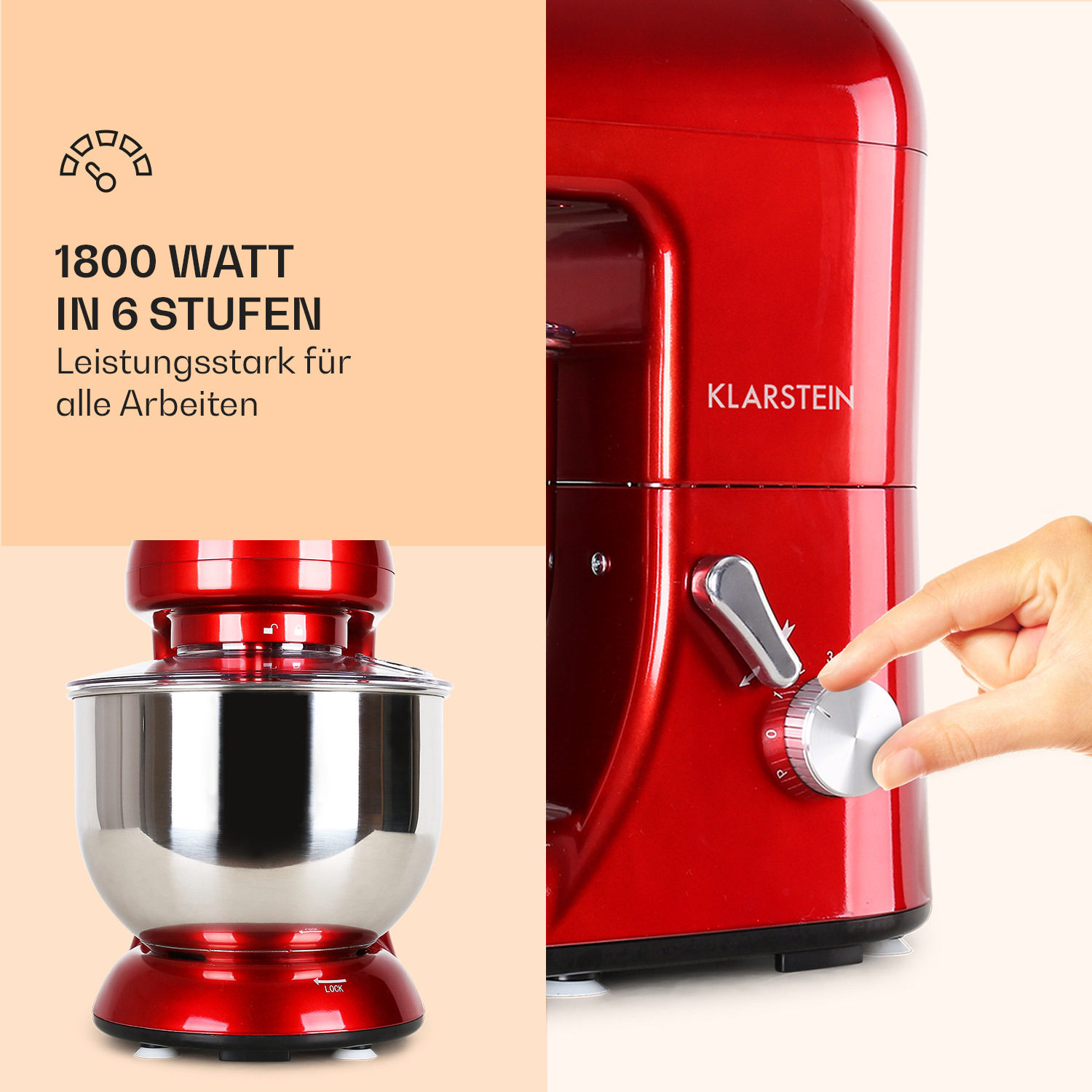 Roter Küchenmixer mit silberner Schüssel. Hand, die den Drehzahlregler einstellt. Weißer Hintergrund.