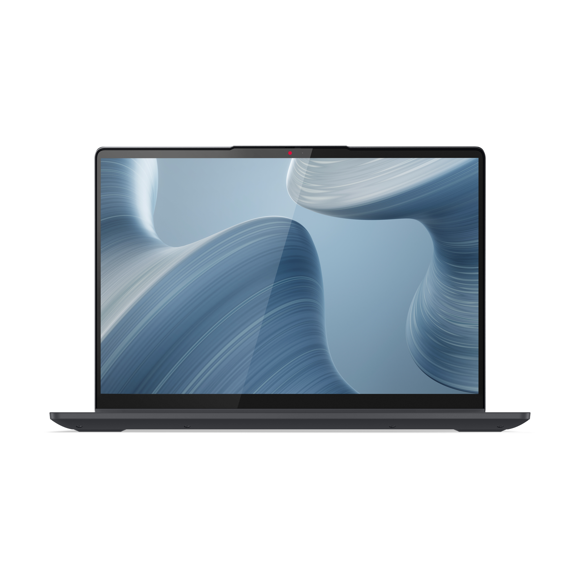 Un laptop chiuso con uno schermo che mostra un design astratto grigio e blu, su sfondo bianco.