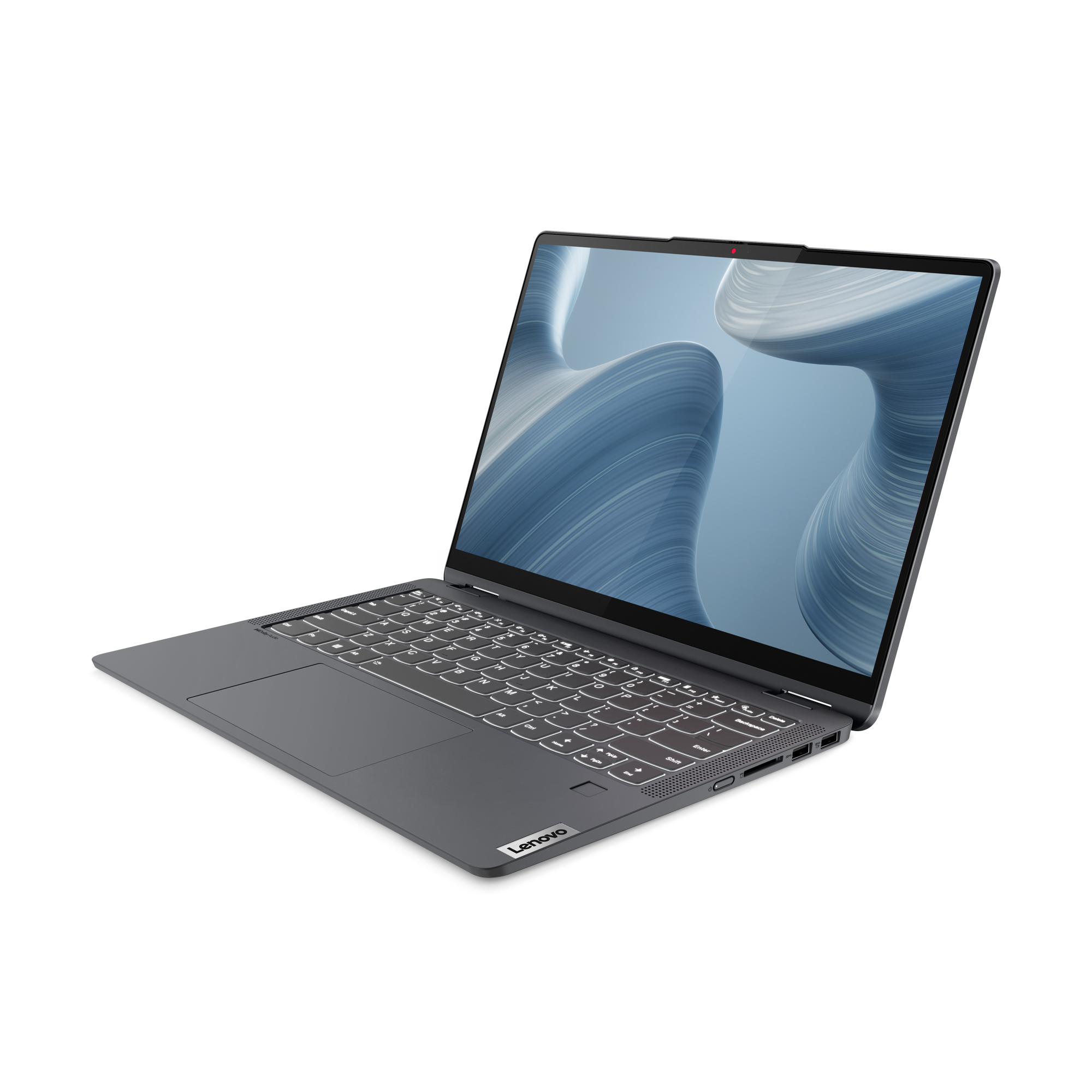 Laptop grigio aperto, con schermo blu-grigio. Tastiera illuminata. Sfondo bianco.