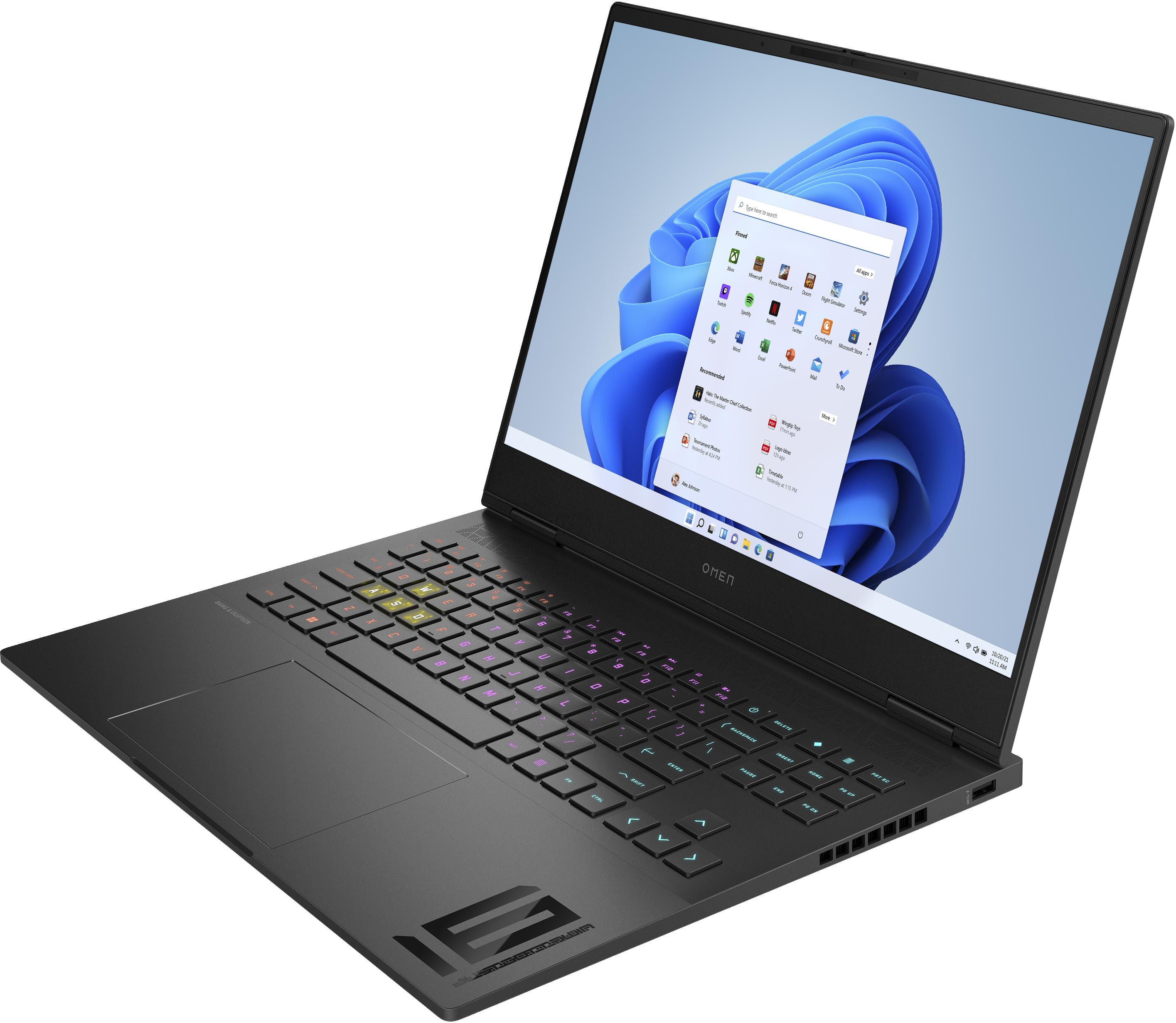 Schwarzer und grauer OMEN-Laptop mit bunter Tastatur, der eine Windows 11-Oberfläche auf dem Bildschirm anzeigt.